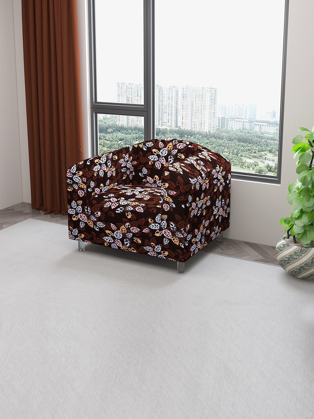 

DREAM CARE Brown & Blue Printed Stretchable 1-Seater Sofa Cover With Anti Slip Foam Sticks