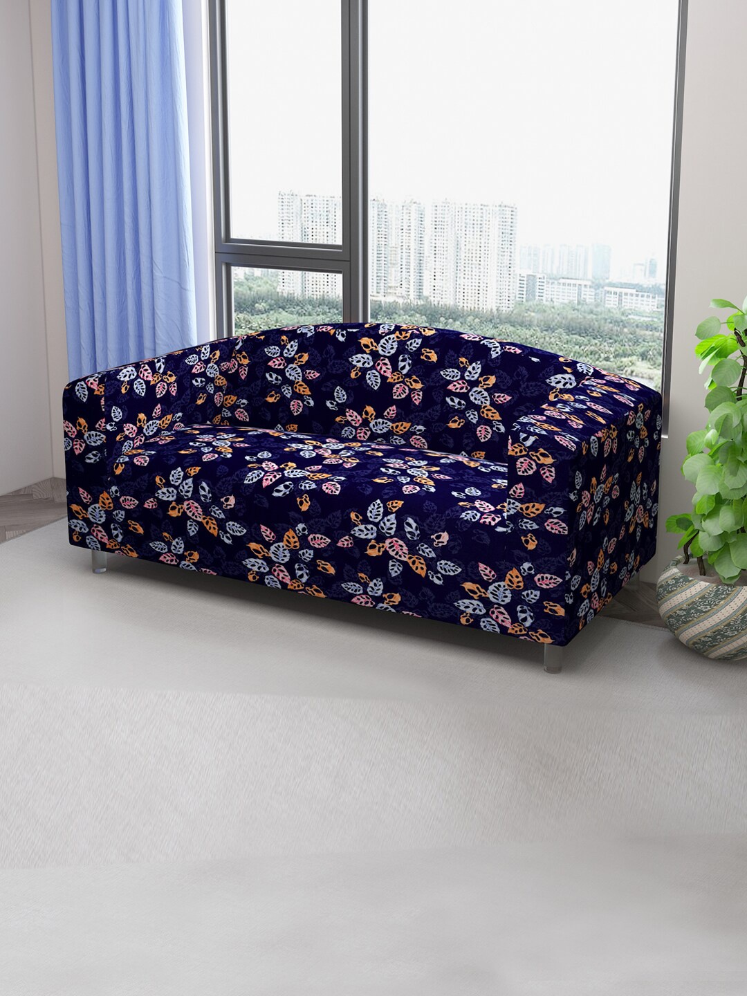 

DREAM CARE Blue & Purple Printed Stretchable 3-Seater Sofa Cover With Anti Slip Foam Sticks