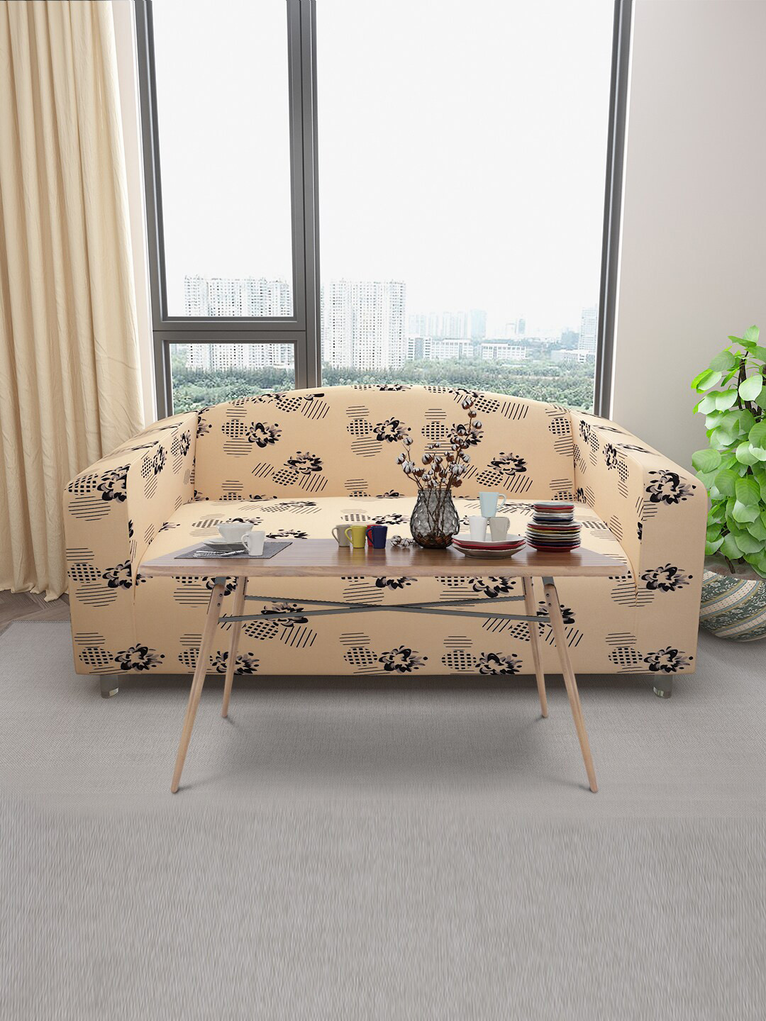 

DREAM CARE Beige & Black Floral Printed Stretchable 3-Seater Sofa Cover With Anti Slip Foam Sticks