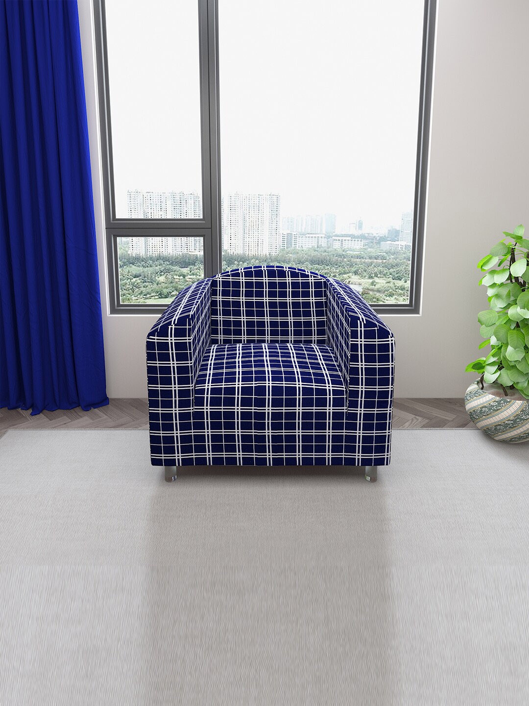 

DREAM CARE Blue & White Checked Printed Stretchable 1-Seater Sofa Cover With Anti Slip Foam Sticks, Navy blue