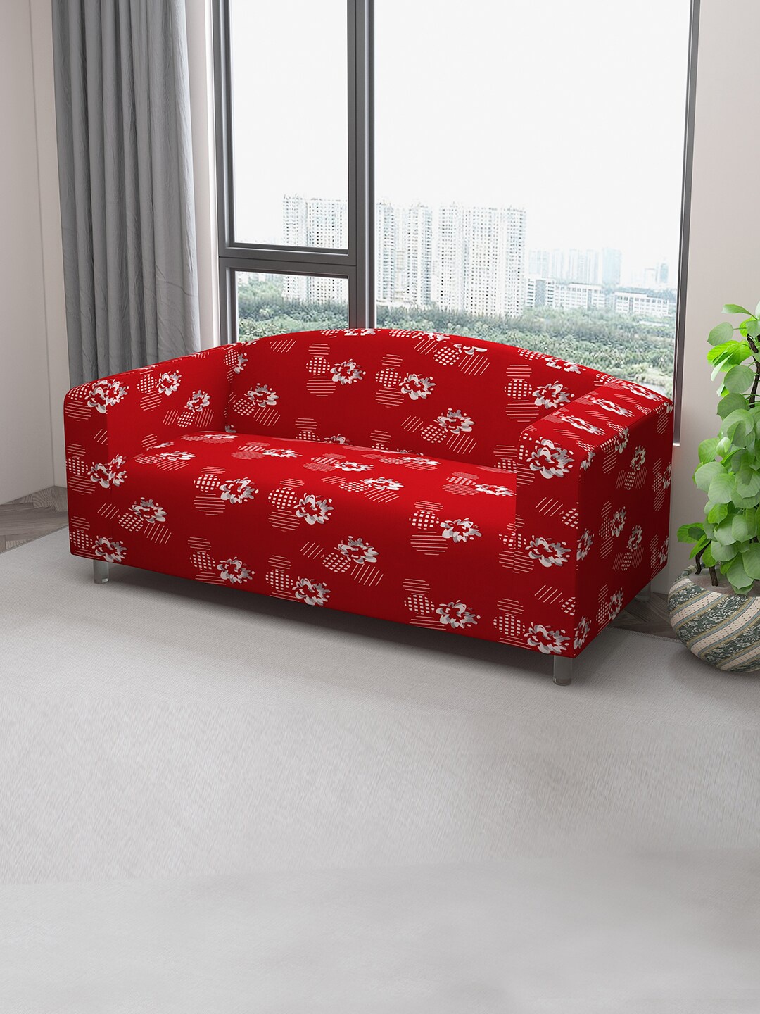 

DREAM CARE Red & White Printed Stretchable 3-Seater Sofa Slipcover