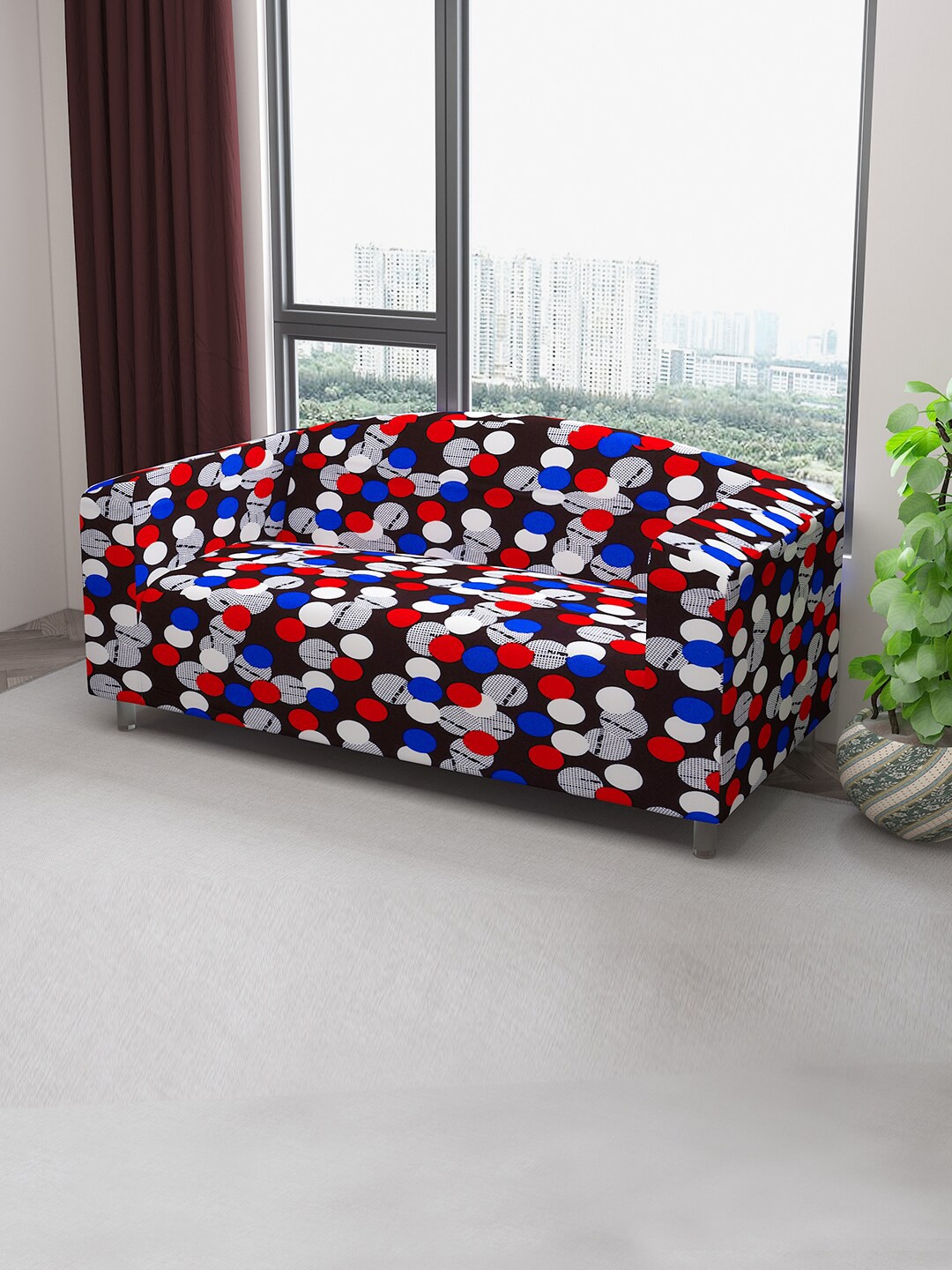 

DREAM CARE Brown & Red Printed Stretchable 3-Seater Sofa Cover With Anti Slip Foam Sticks