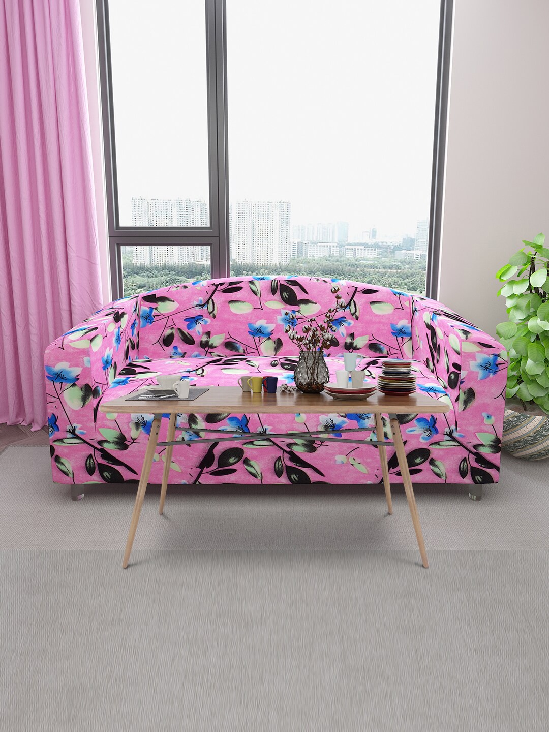 

DREAM CARE Pink & Blue Floral Printed Stretchable 3-Seater Sofa Cover