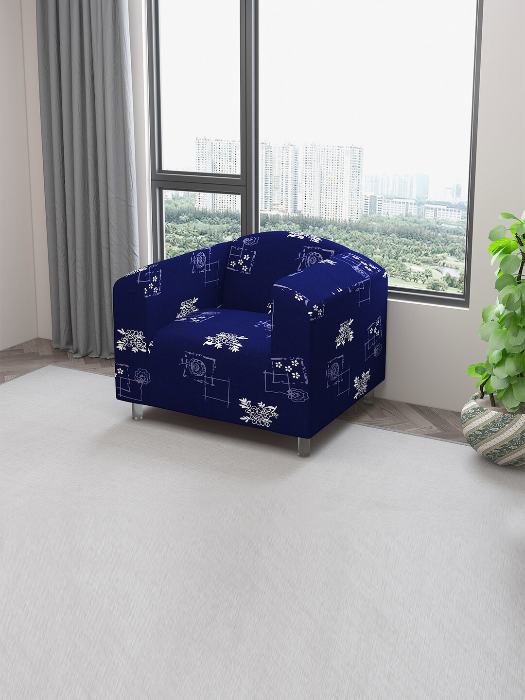 

DREAM CARE Navy Blue & White Printed Stretchable One Seater Sofa Slipcover With Foam Sticks