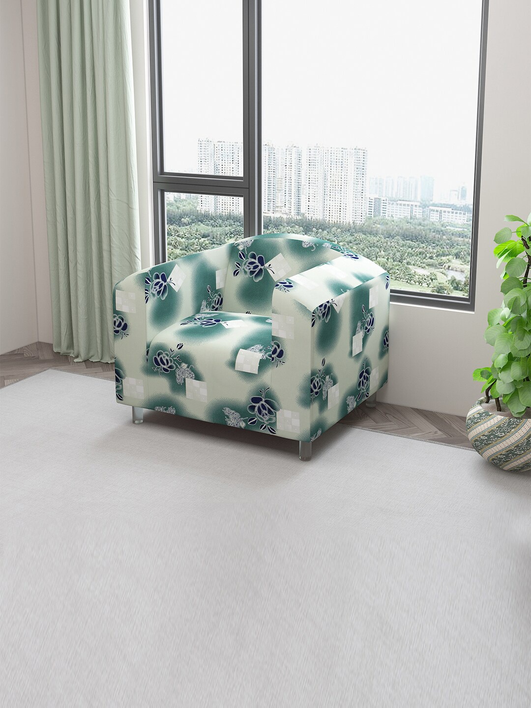 

DREAM CARE Green Floral Printed Stretchable 1-Seater Sofa Cover With Anti Slip Foam Sticks