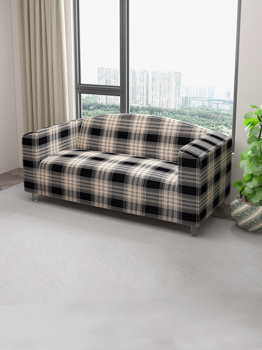 

DREAM CARE Beige & Black Printed Stretchable 3-Seater Sofa Cover With Anti Slip Foam Sticks