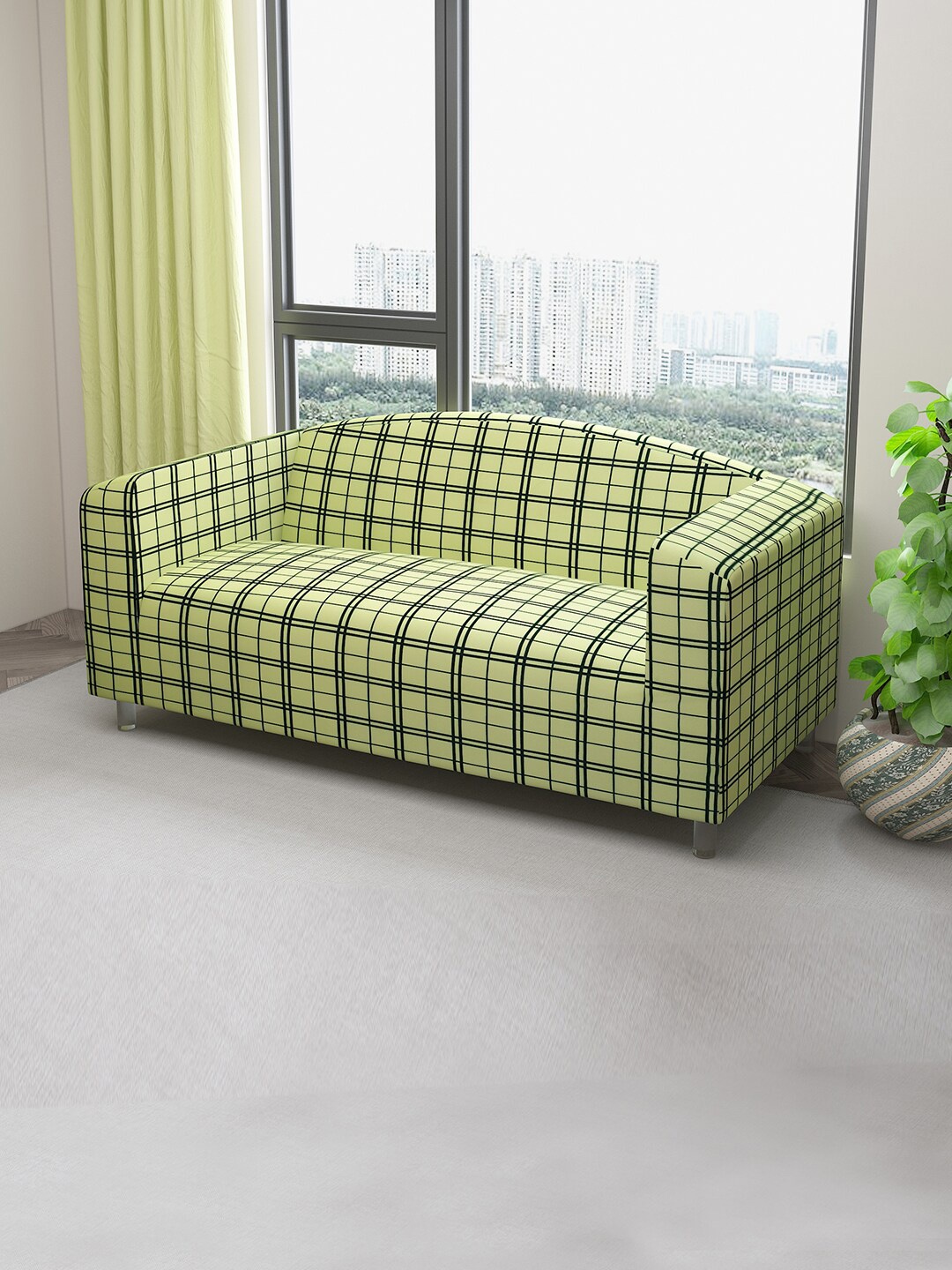 

DREAM CARE Green & Black Checked Stretchable 3-Seater Sofa Cover With Anti Slip Foam Sticks