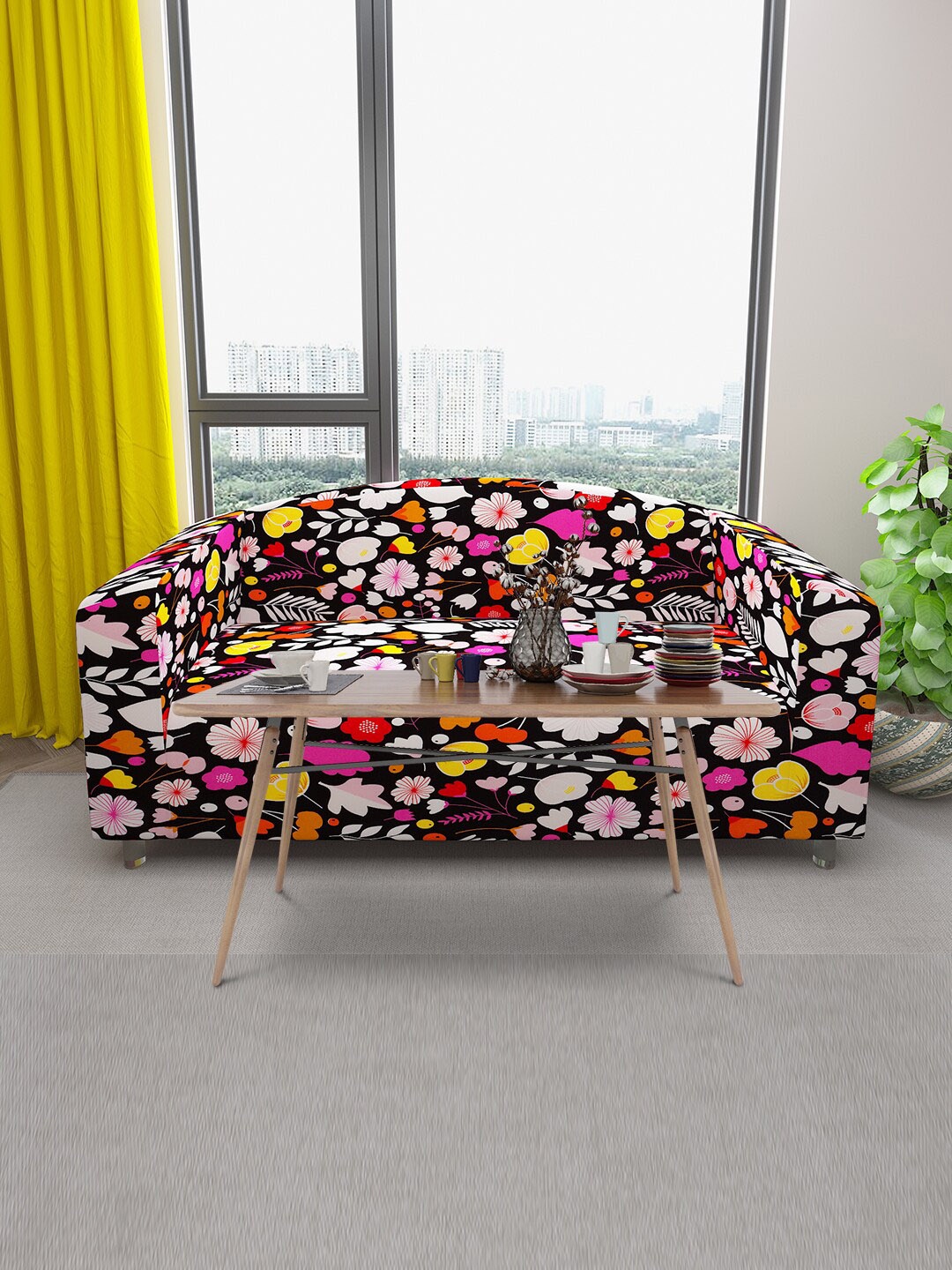 

DREAM CARE Black & Pink Floral Printed Stretchable 3-Seater Sofa Cover With Anti Slip Foam Sticks