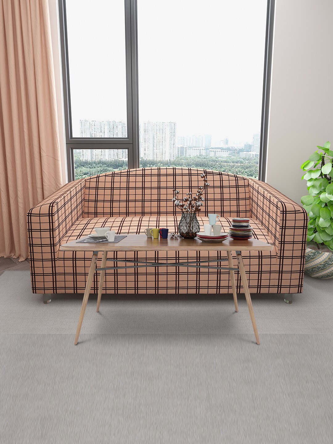 

DREAM CARE Beige Checked Stretchable 3-Seater Sofa Cover With Anti Slip Foam Sticks