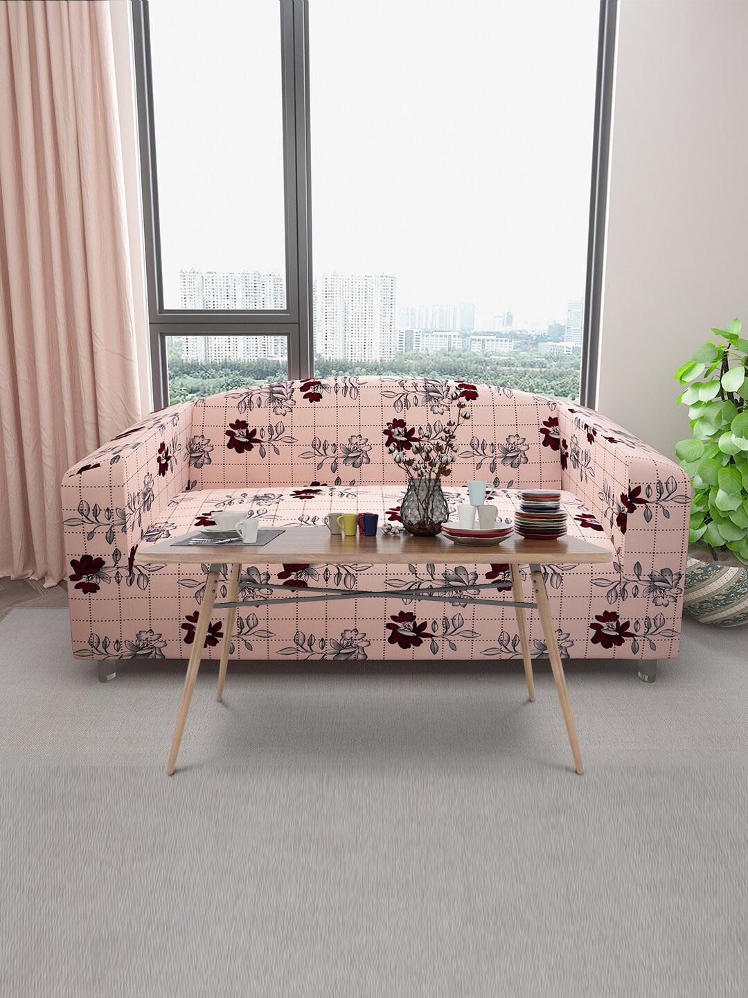 

DREAM CARE Peach & Black Printed Stretchable 3-Seater Sofa Slipcover