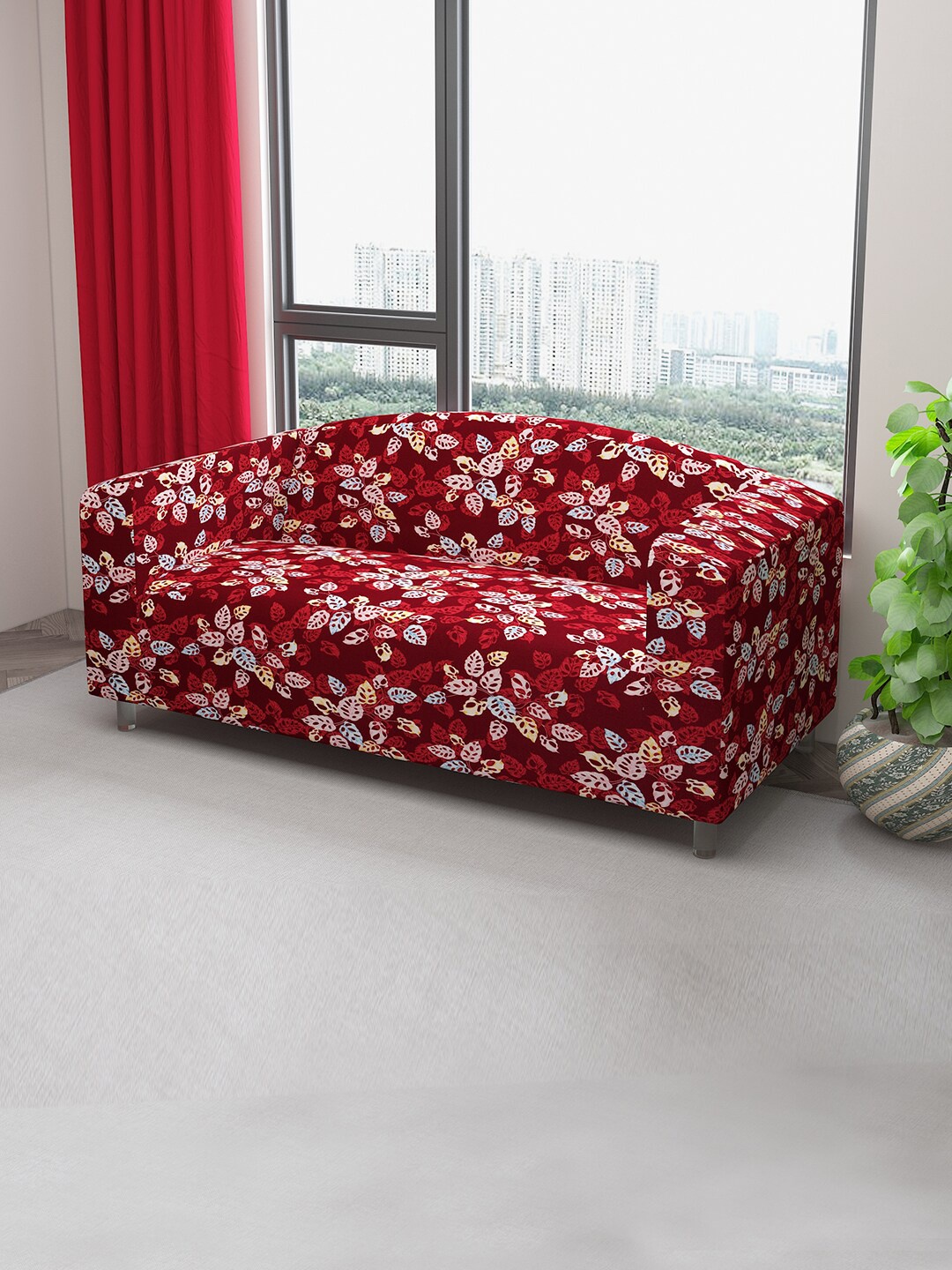 

DREAM CARE Maroon & Blue Printed Stretchable 3-Seater Sofa Cover With Anti Slip Foam Sticks