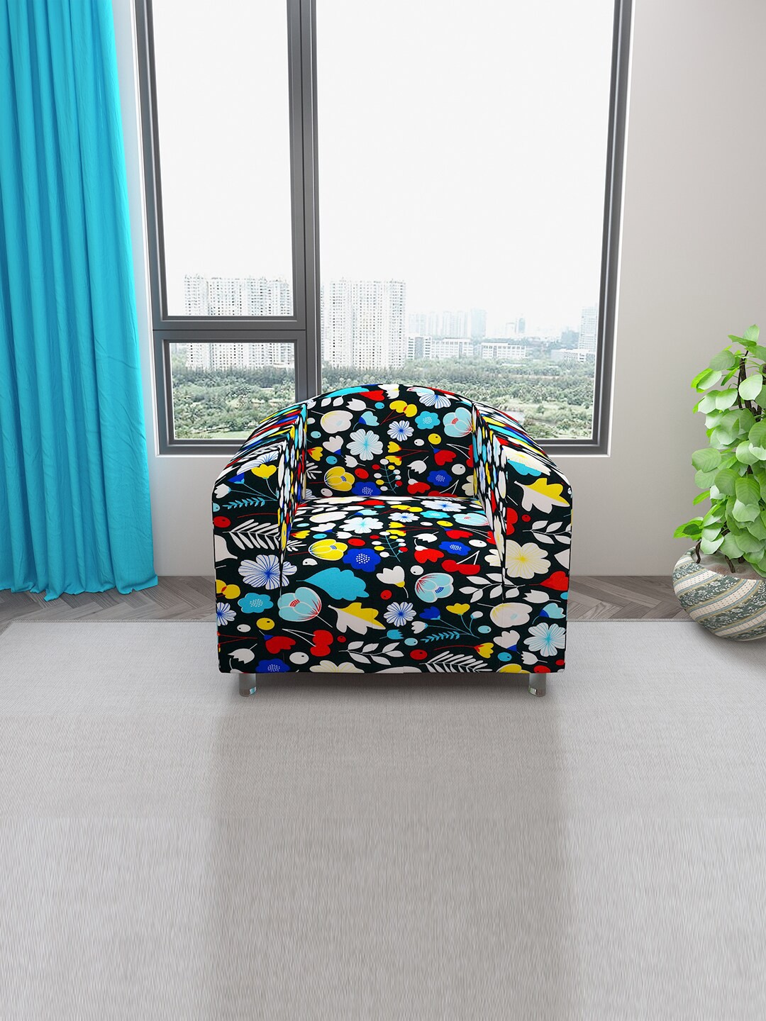 

DREAM CARE Navy Black & Blue Floral Printed Stretchable 1-Seater Sofa Cover With Anti Slip Foam Sticks