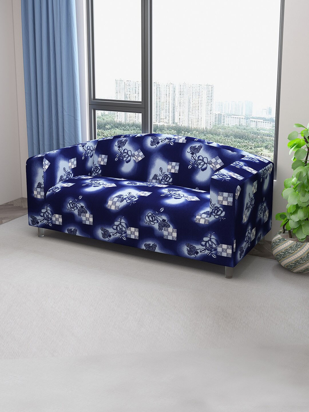 

DREAM CARE Purple & White Floral Printed Stretchable 3-Seater Sofa Cover With Anti Slip Foam Sticks