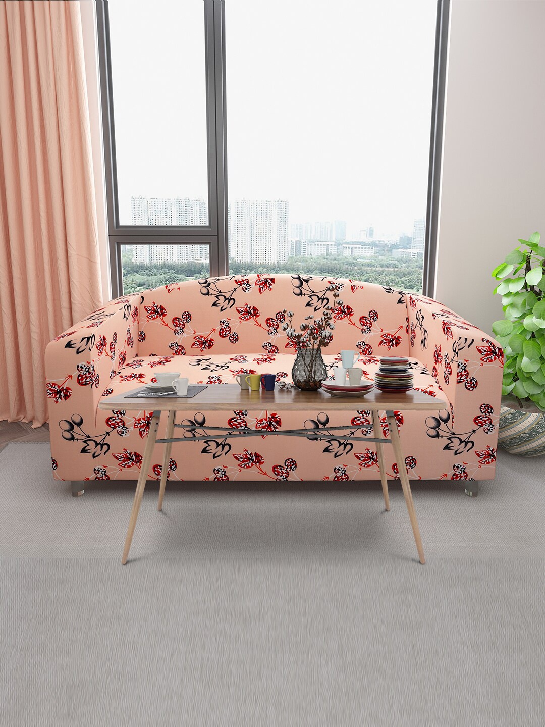 

DREAM CARE Peach & Red Printed Stretchable 3-Seater Sofa Cover With Anti Slip Foam Sticks