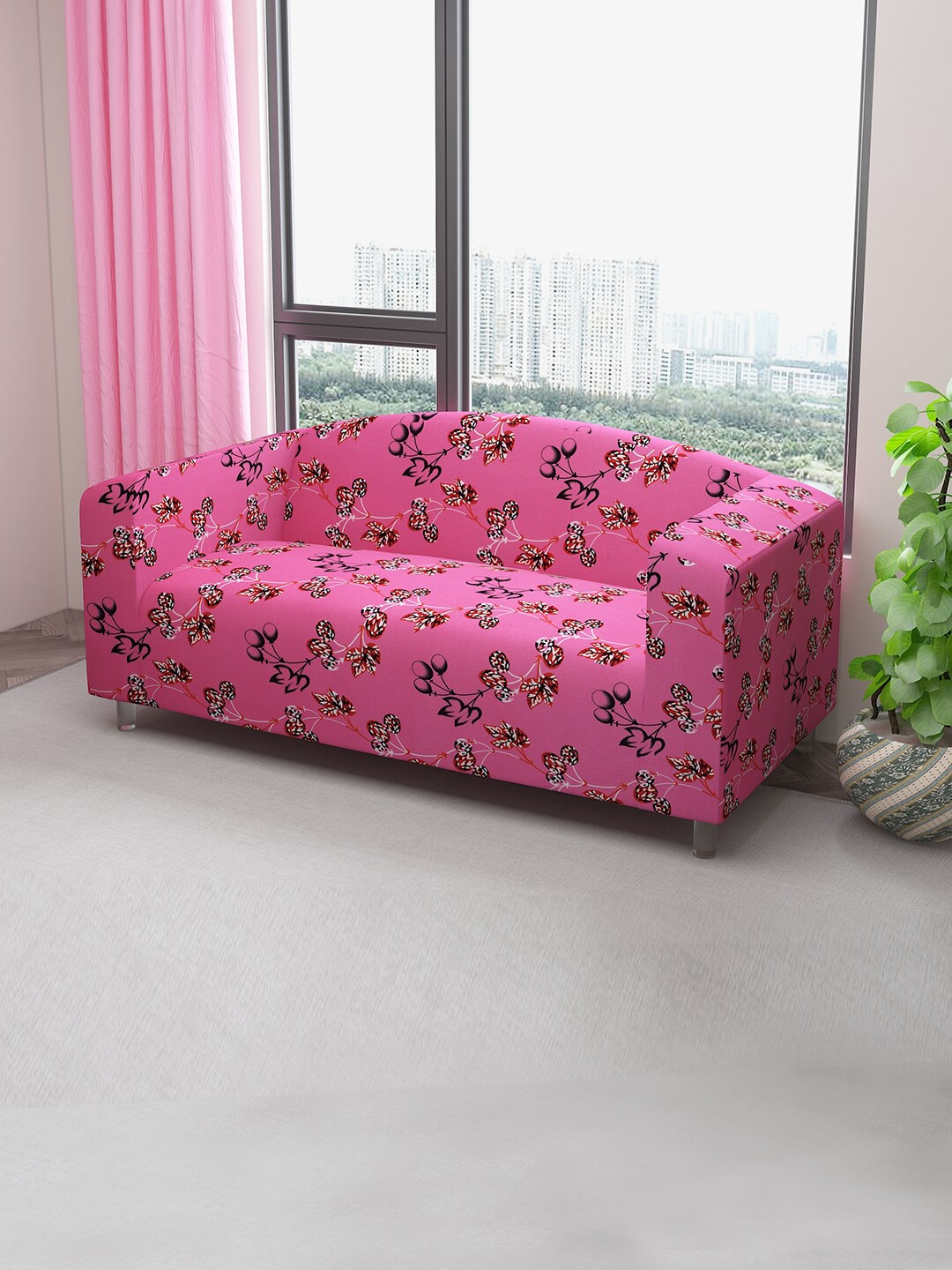 

DREAM CARE Pink & Black Floral Printed Stretchable 3-Seater Sofa Cover With Anti Slip Foam Sticks