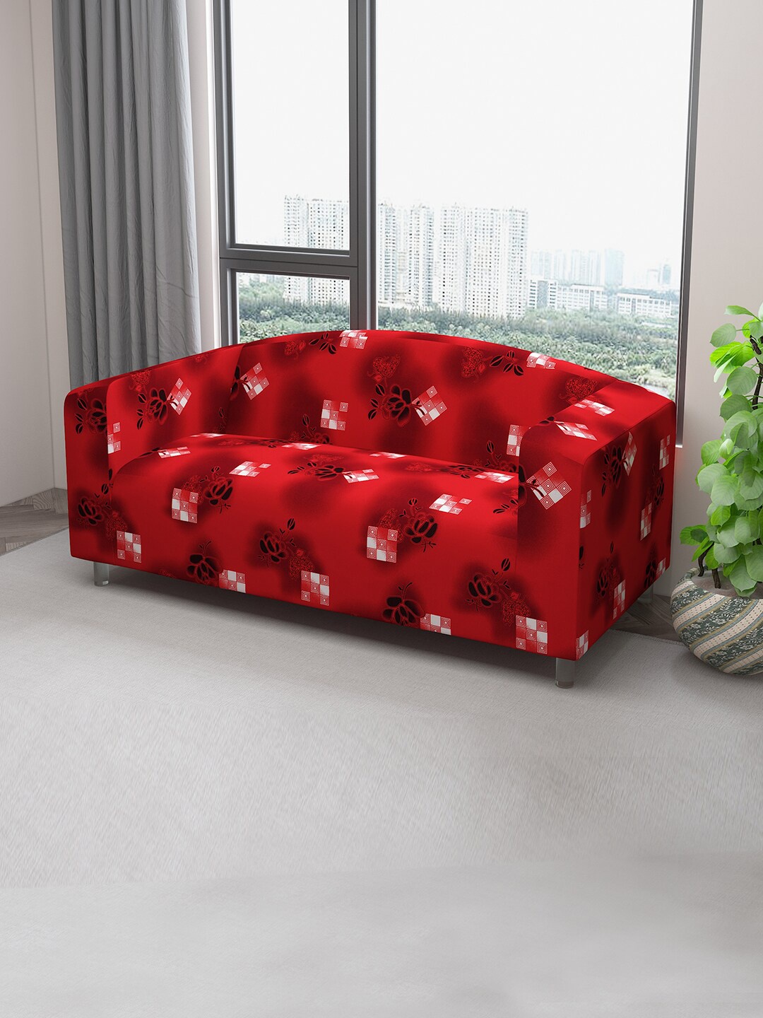 

DREAM CARE Red & Black Printed Stretchable 3-Seater Sofa Cover With Anti Slip Foam Sticks