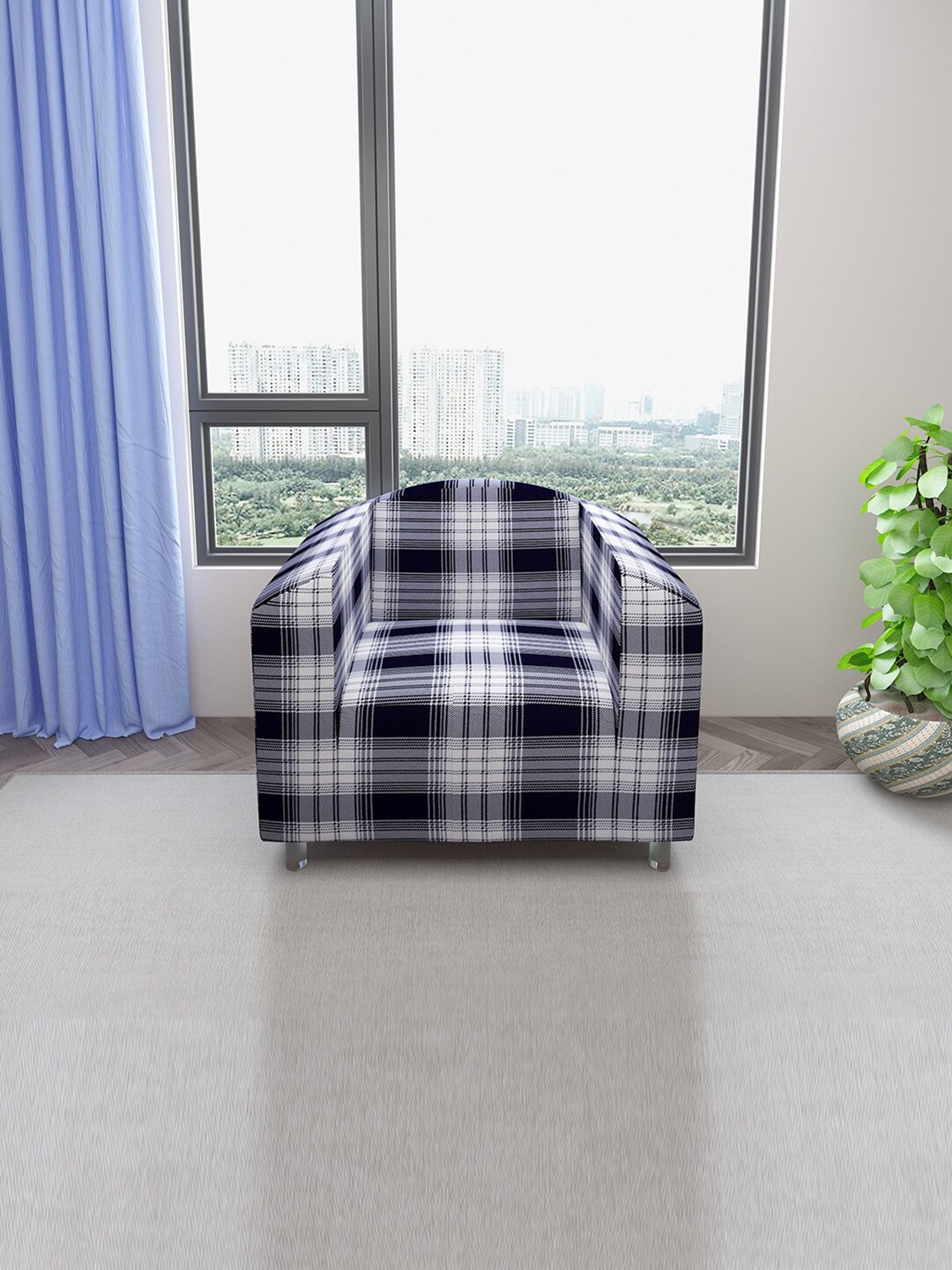 

DREAM CARE White & Black Checked Printed Stretchable 1-Seater Sofa Cover With Anti Slip Foam Sticks