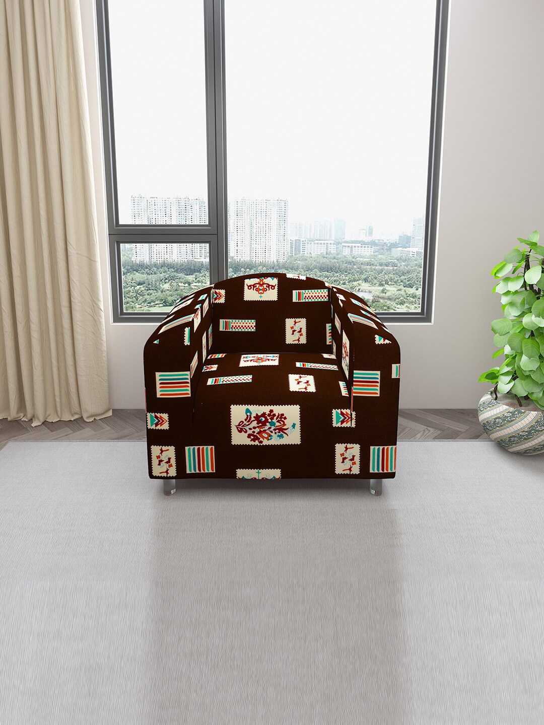 

DREAM CARE Brown & Beige Printed Stretchable One Seater Sofa Slipcover With Foam Sticks