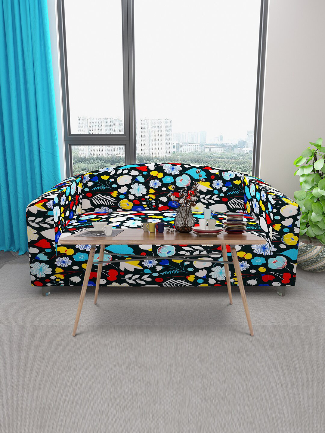 

DREAM CARE Blue & Yellow Floral Printed Stretchable 3-Seater Sofa Slipcover