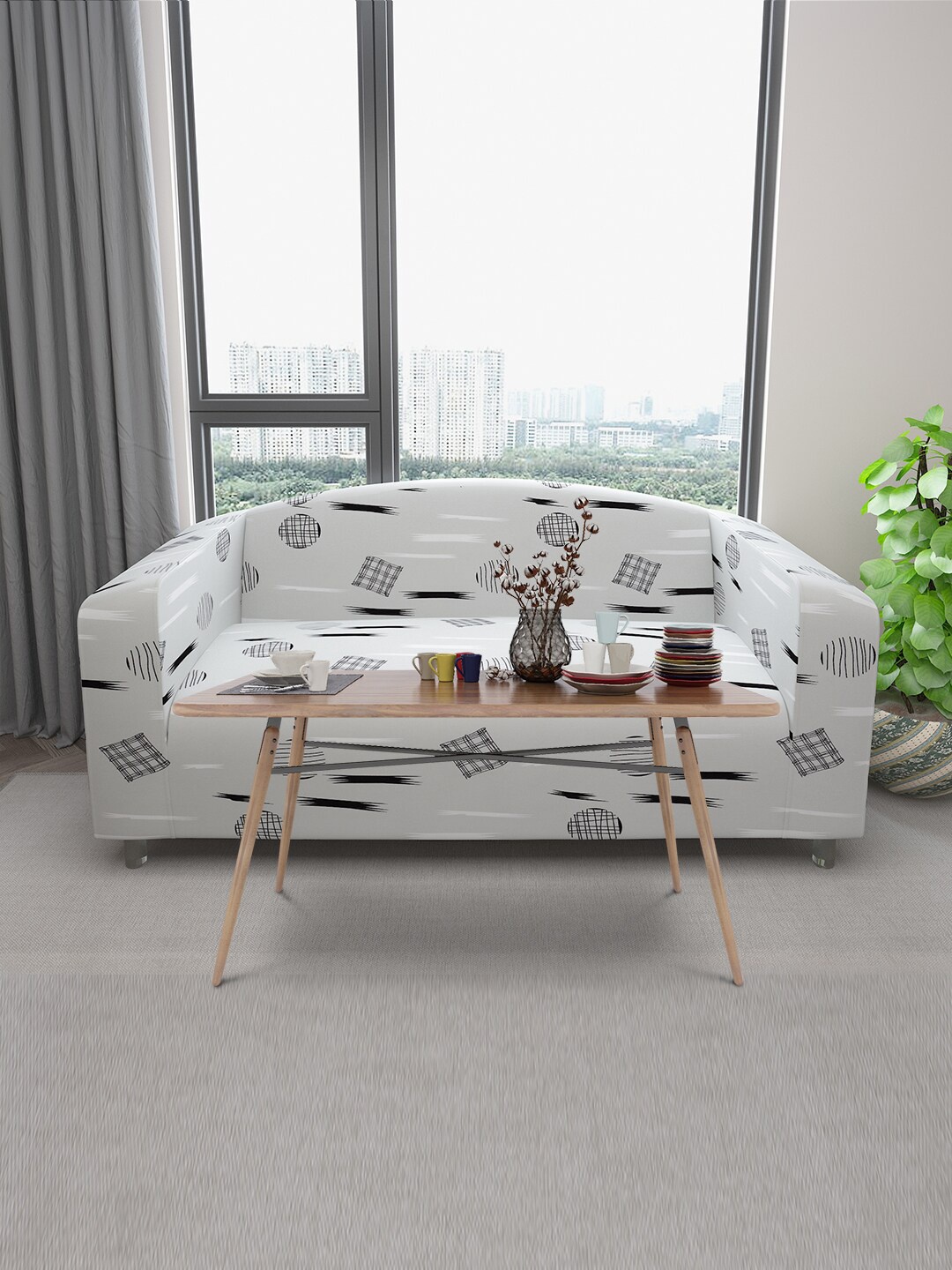 

DREAM CARE Grey & Black Printed Stretchable 3-Seater Sofa Slipcover