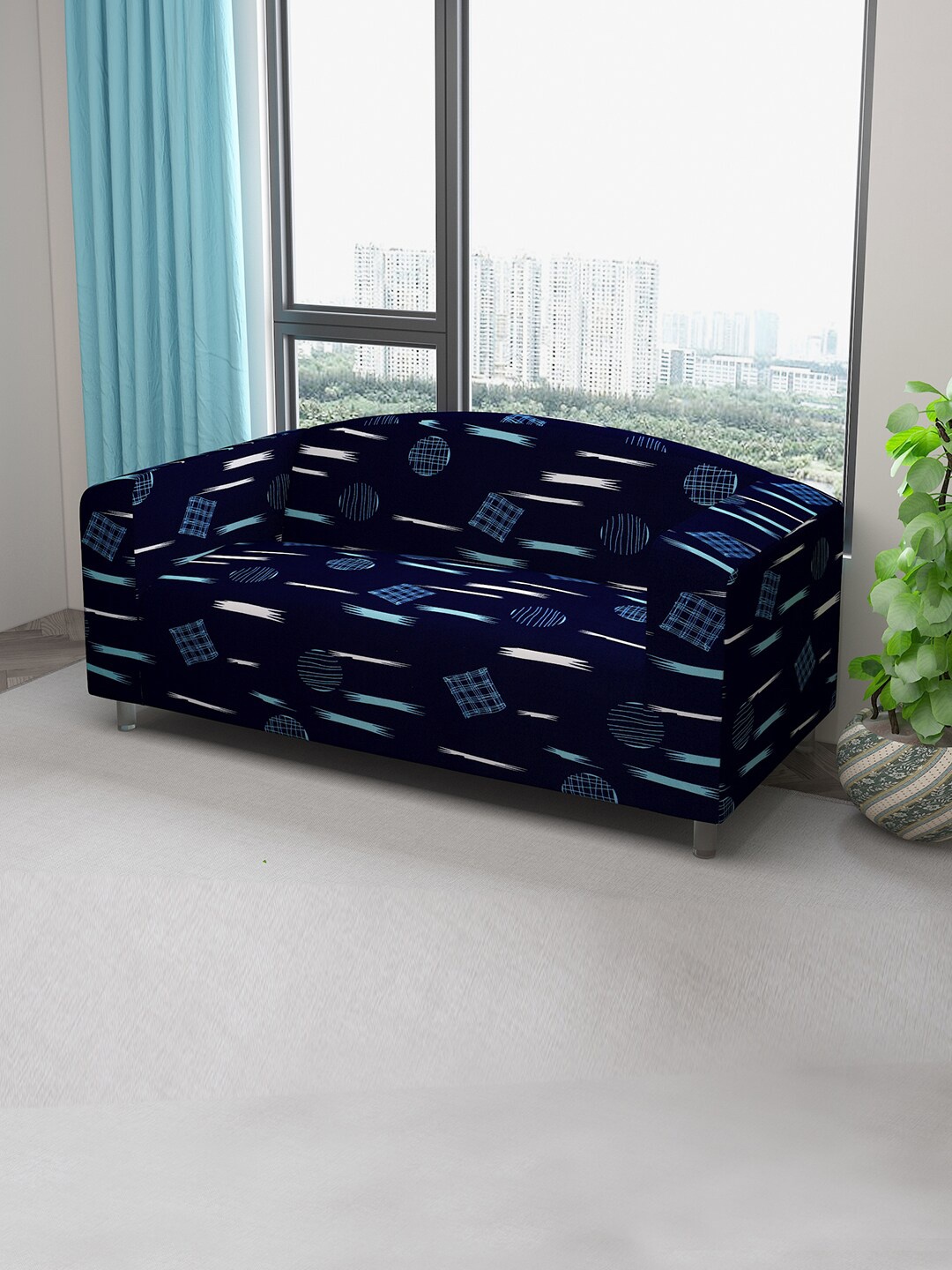 

DREAM CARE Navy Blue & Blue Printed Stretchable 3-Seater Sofa Slipcover With Foam Sticks
