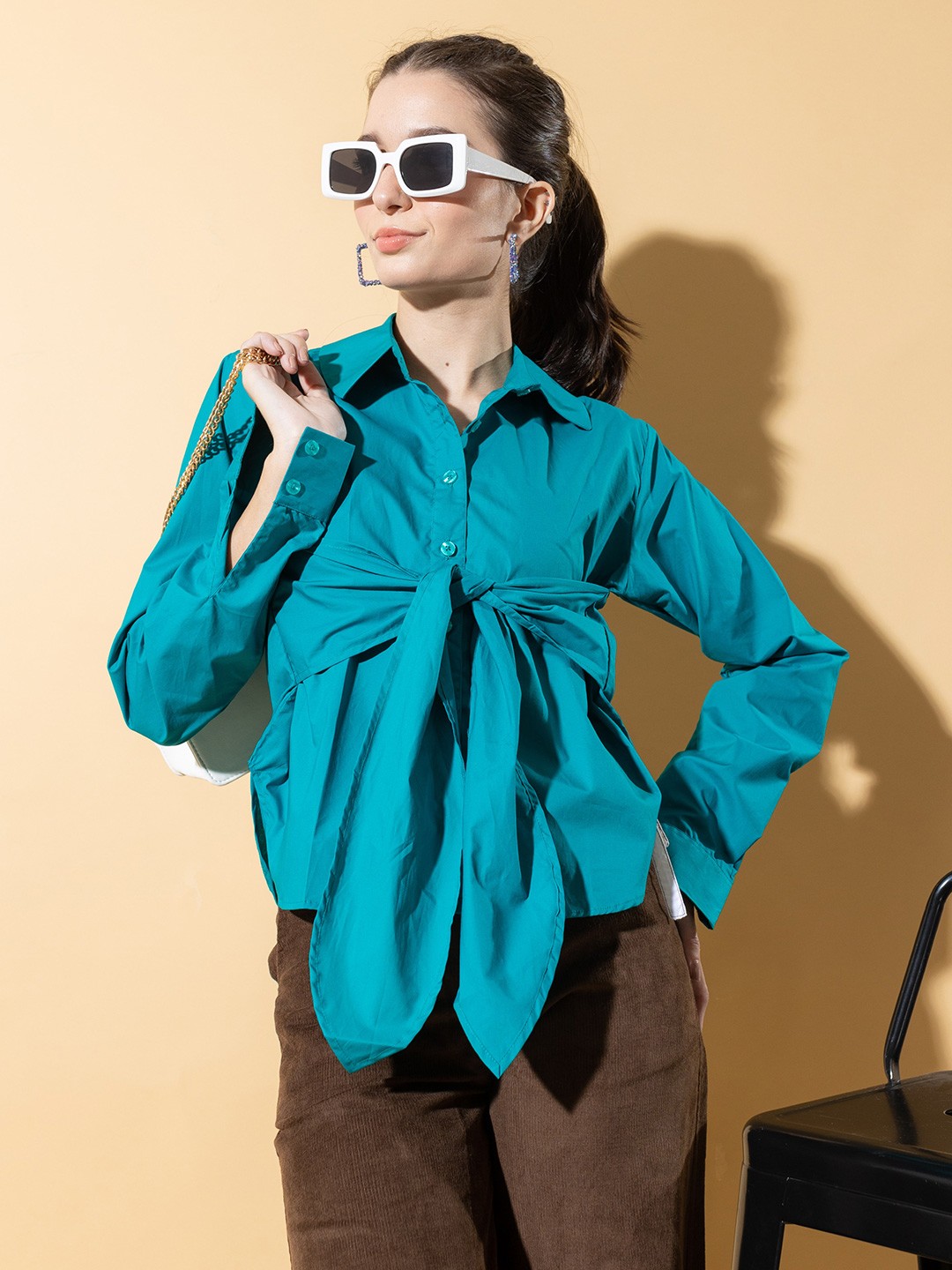 

Stylecast X Hersheinbox Casual Tie Up Pure Cotton Shirt, Sea green