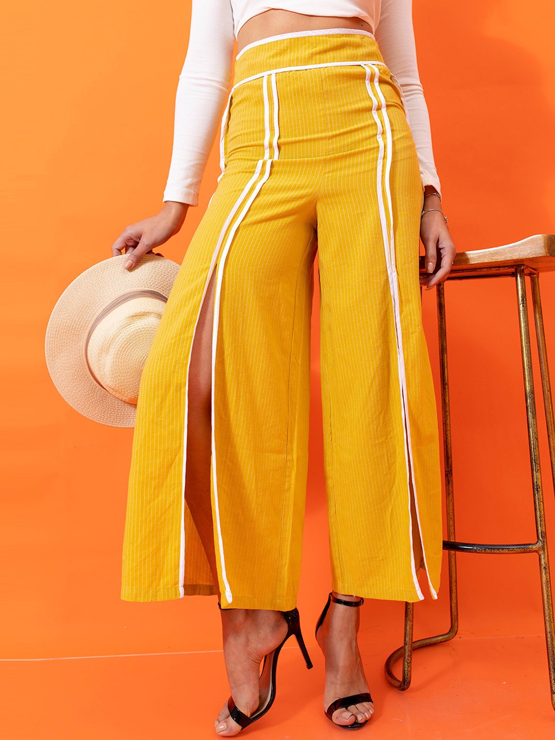 

Stylecast X Hersheinbox Women Striped High-Rise Parallel Trousers, Yellow