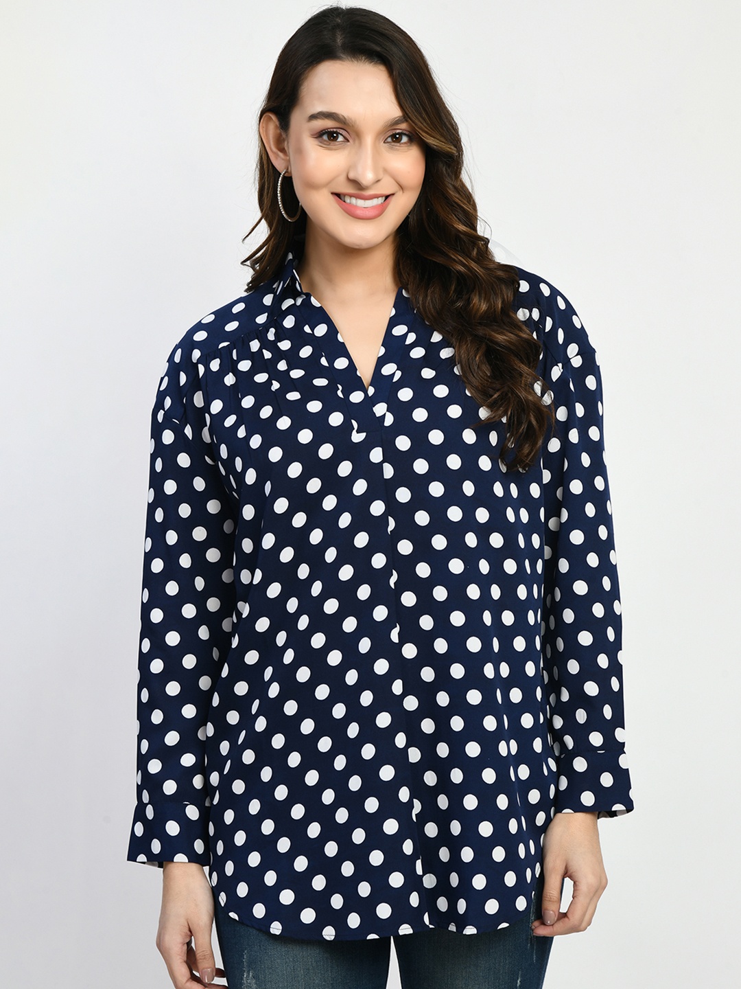 

MKOAL Polka Dot Printed Casual Shirt, Navy blue