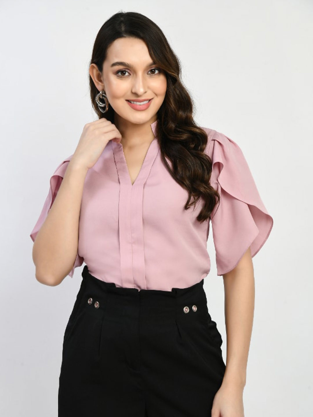 

MKOAL Mandarin Collar Crepe Shirt Style Top, Pink