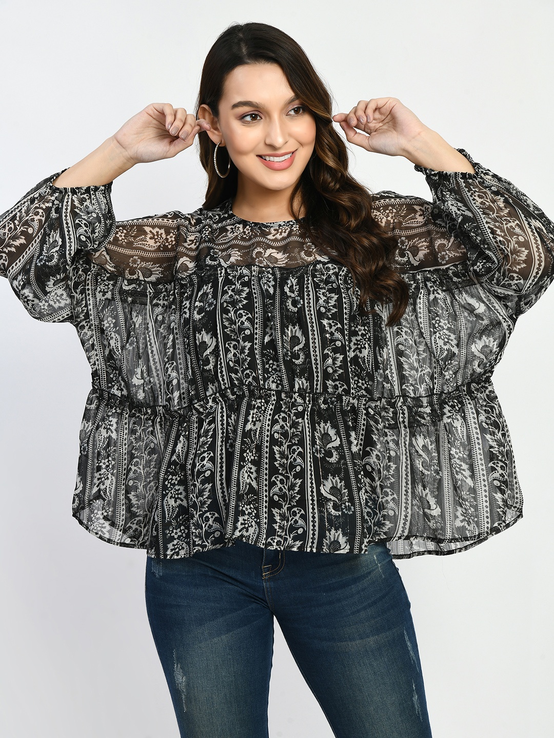 

MKOAL Round Neck Floral Printed A-Line Top, Black