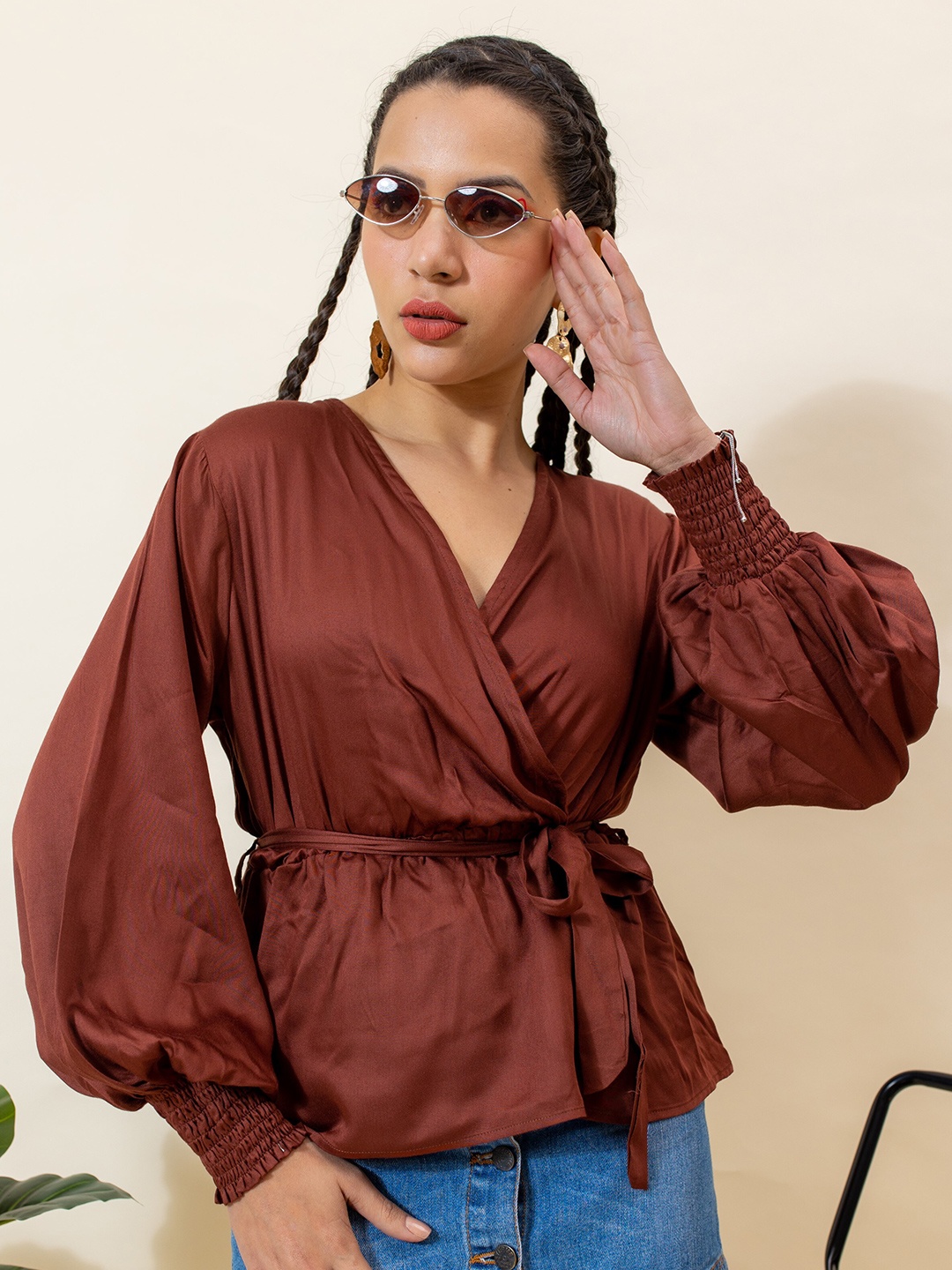 

Stylecast X Hersheinbox V-Neck Satin Wrap Top, Brown