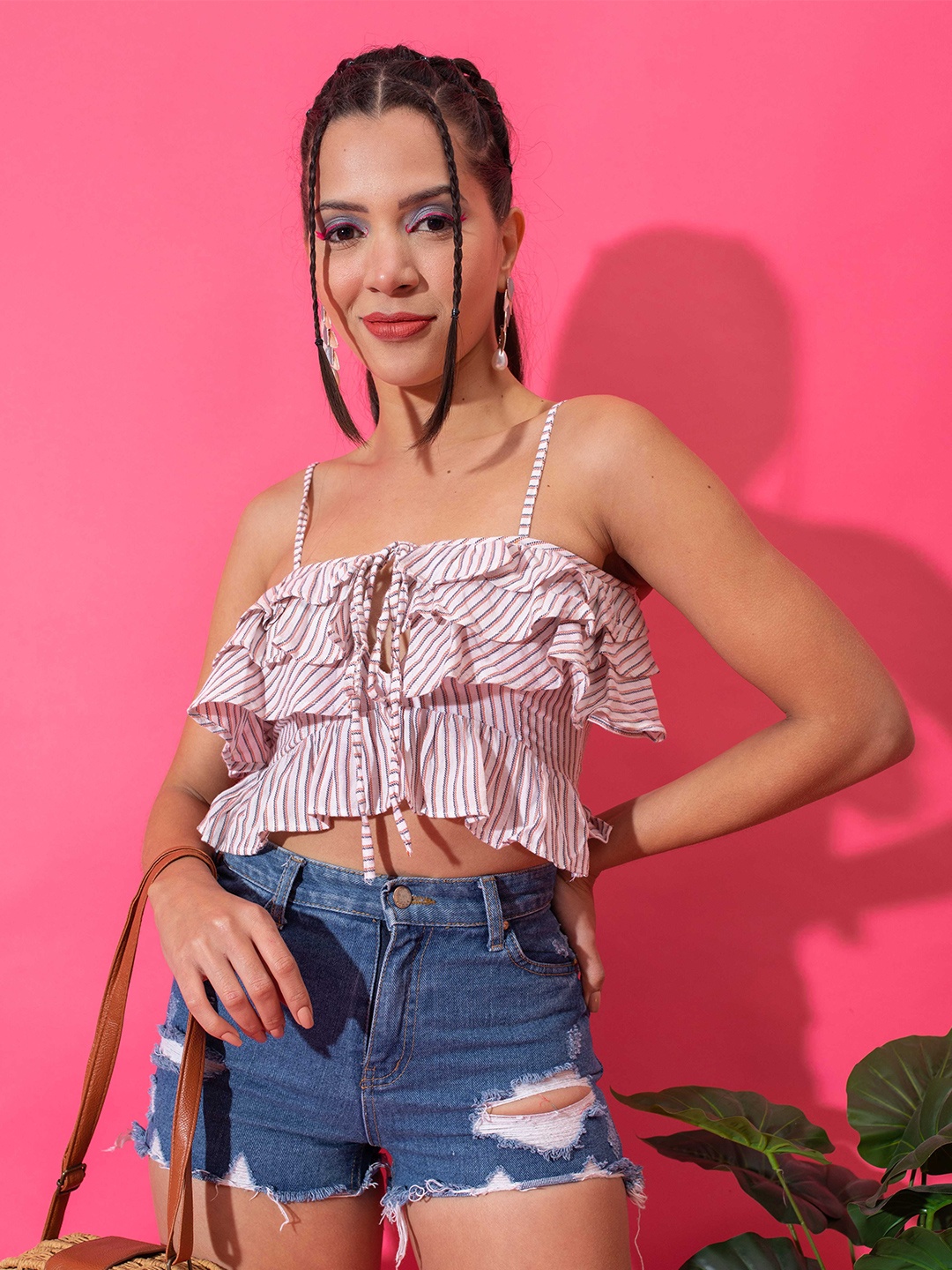 

Stylecast X Hersheinbox Shoulder Straps Striped Top, Pink