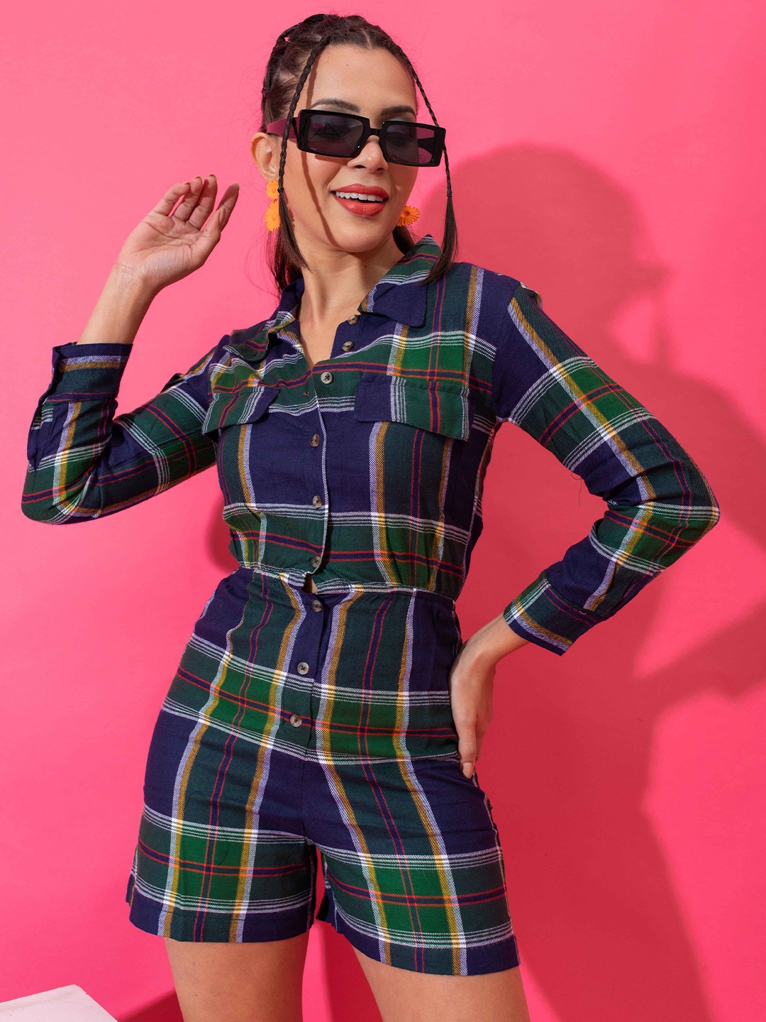 

Stylecast X Hersheinbox Checked Cotton Shirt Collar Jumpsuit, Green