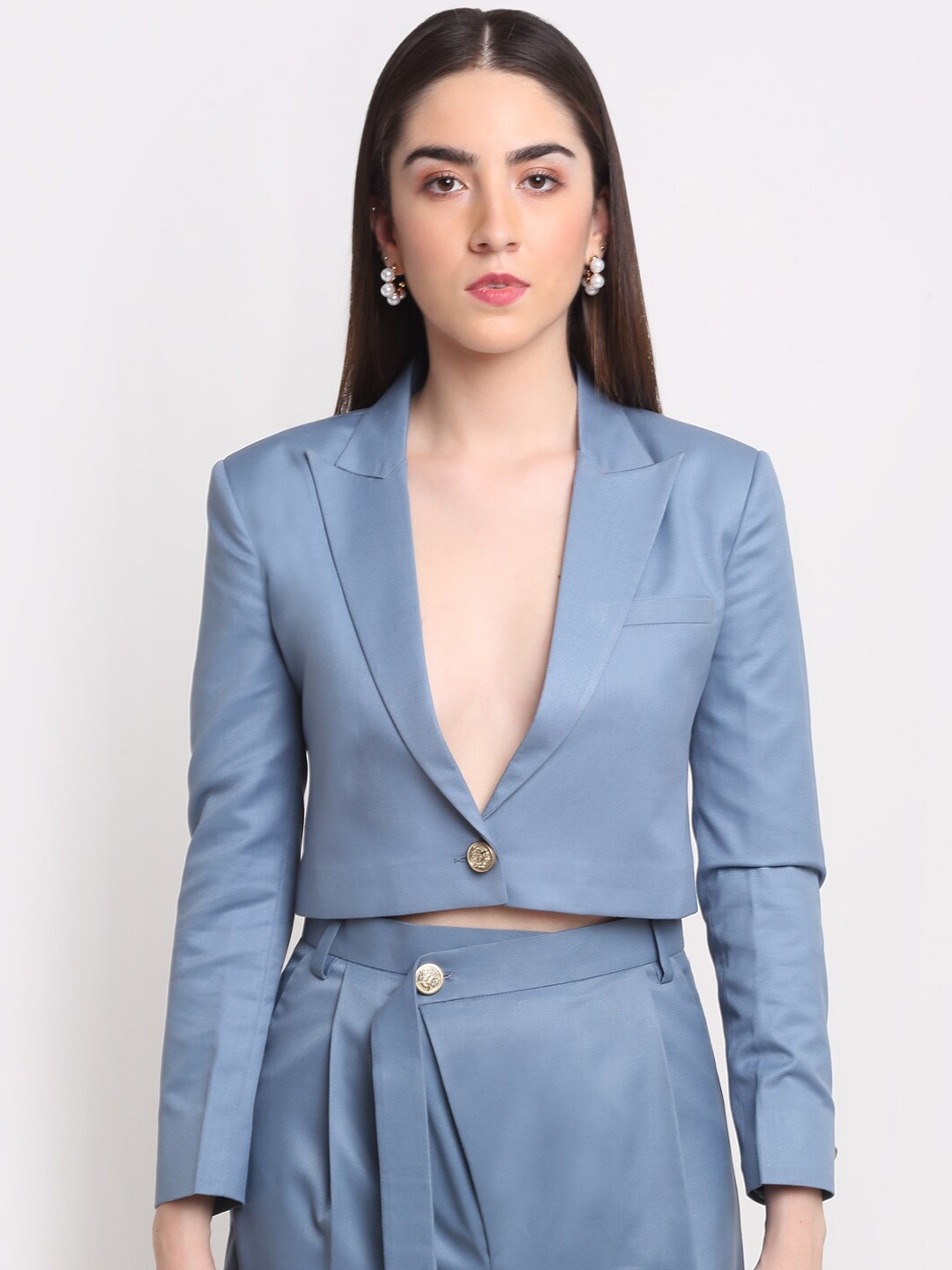 

Ennoble Comfort-Fit Single-Breasted Crop Party Blazer, Blue