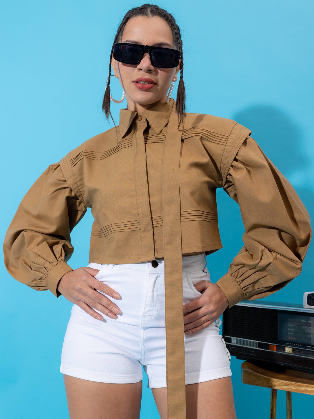 

Stylecast X Hersheinbox Pure Cotton Cuffed Sleeves Crop Shirt Style Top, Brown