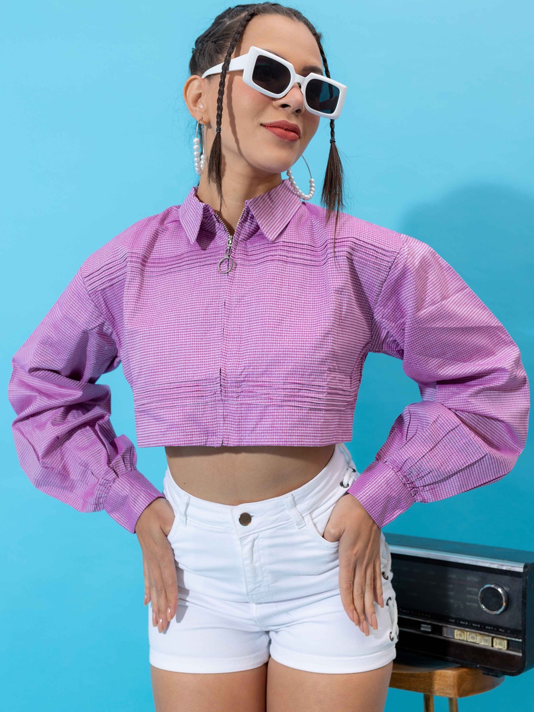 

Stylecast X Hersheinbox Checked Cuffed Sleeves Crop Shirt Style Top, Purple