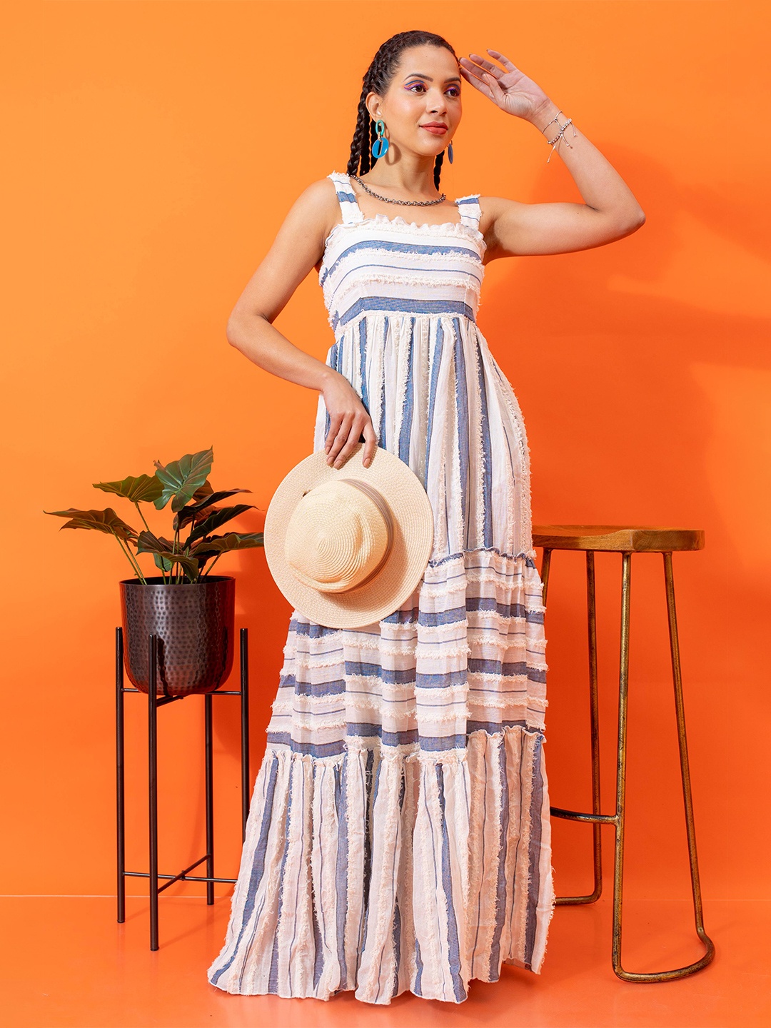 

Stylecast X Hersheinbox Striped Shoulder Strap Pure Cotton A-line Maxi Dress, White