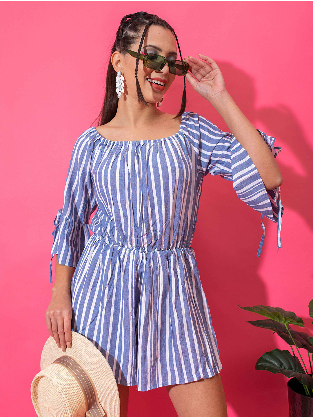 

Stylecast X Hersheinbox Square Neck Striped Printed Pure Cotton Jumpsiut, Blue