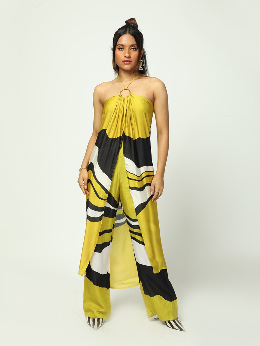 

MISSY Halter Neck Stripes Printed High Low Satin Longline Top, Yellow