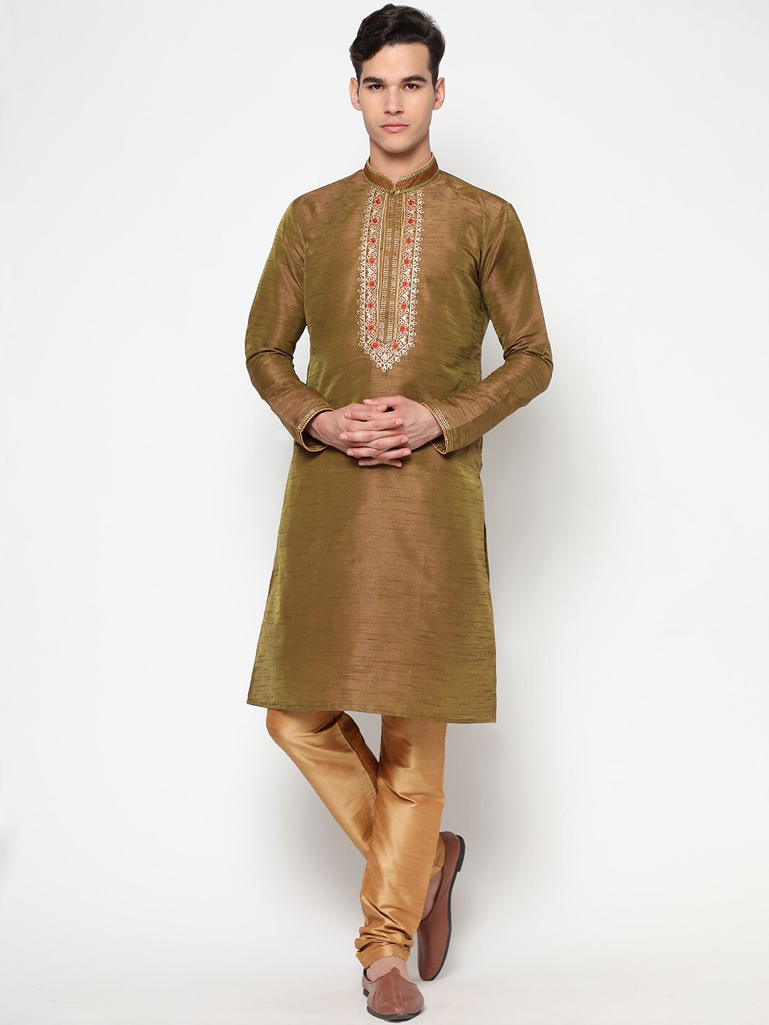 

GoStyle Men Thread Work Pure Cotton Kurta with Pyjamas, Olive