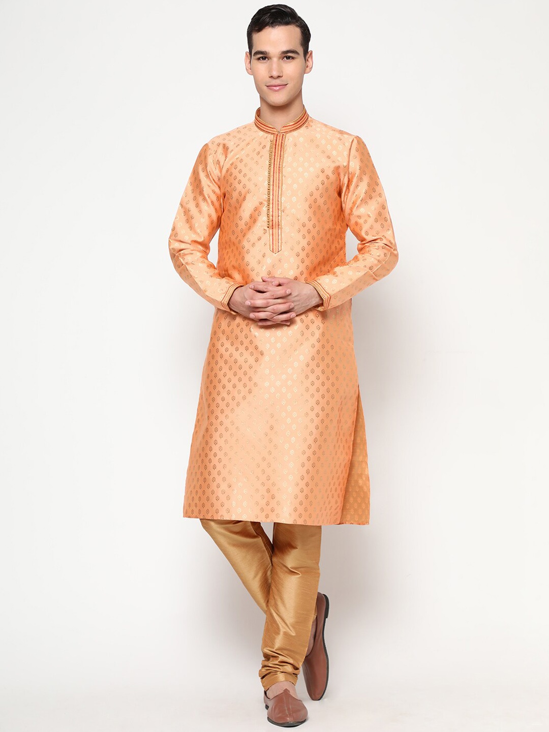 

GoStyle Ethnic Motif Printed Mandarin Collar Pure Cotton Kurta with Churidar, Peach