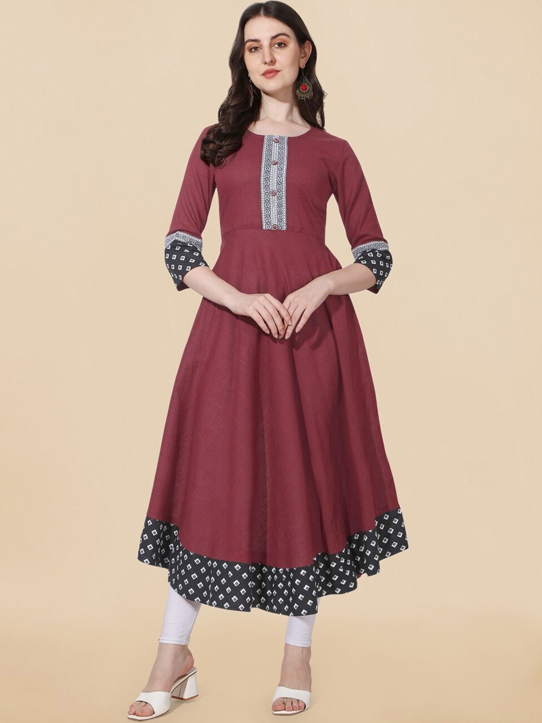

KALINI Ethnic Motifs Printed Pure Cotton A-Line Ethnic Dress, Maroon