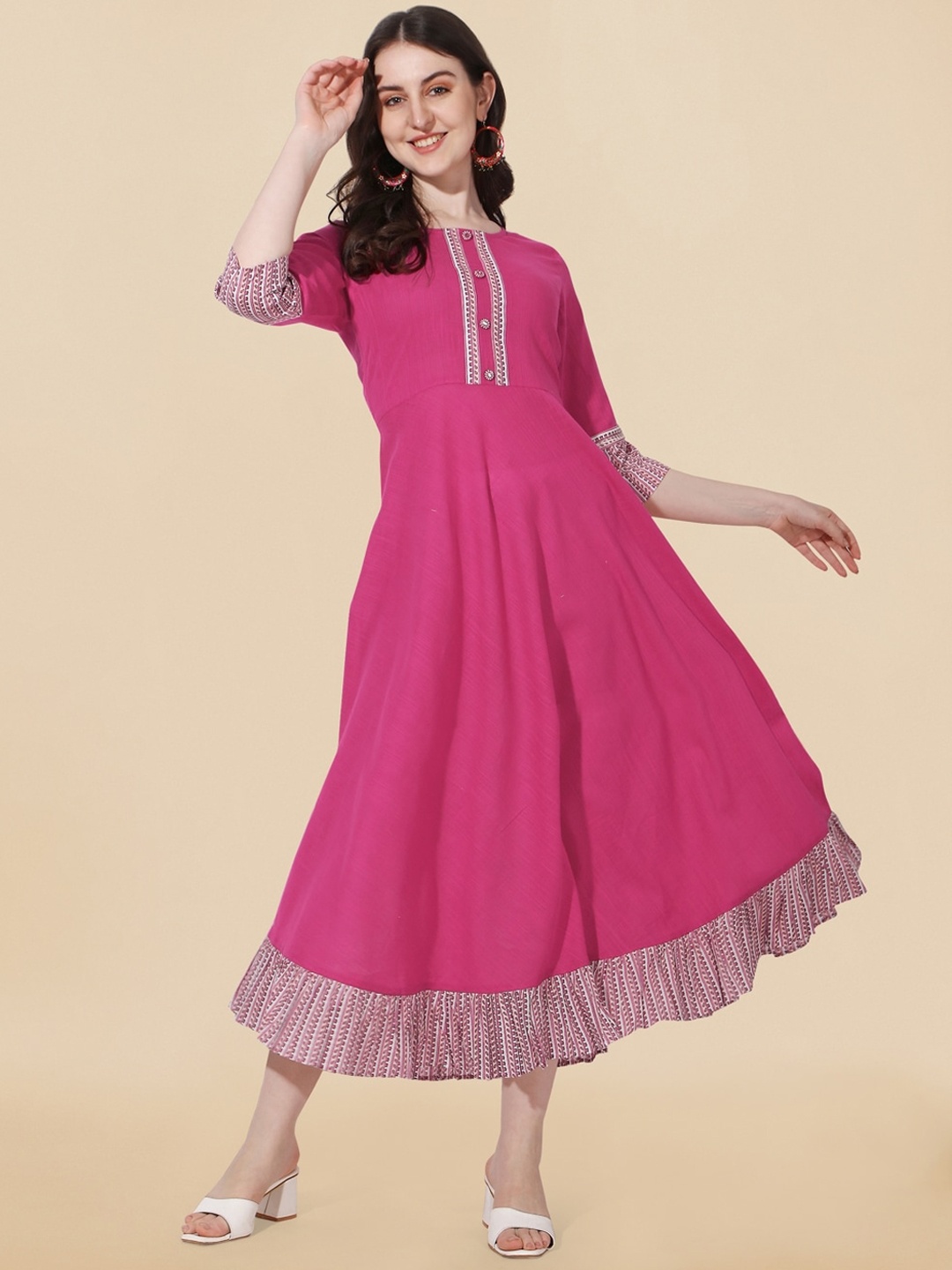 

MIRCHI FASHION Ethnic Motifs Printed Pure Cotton A-Line Ethnic Dress, Pink