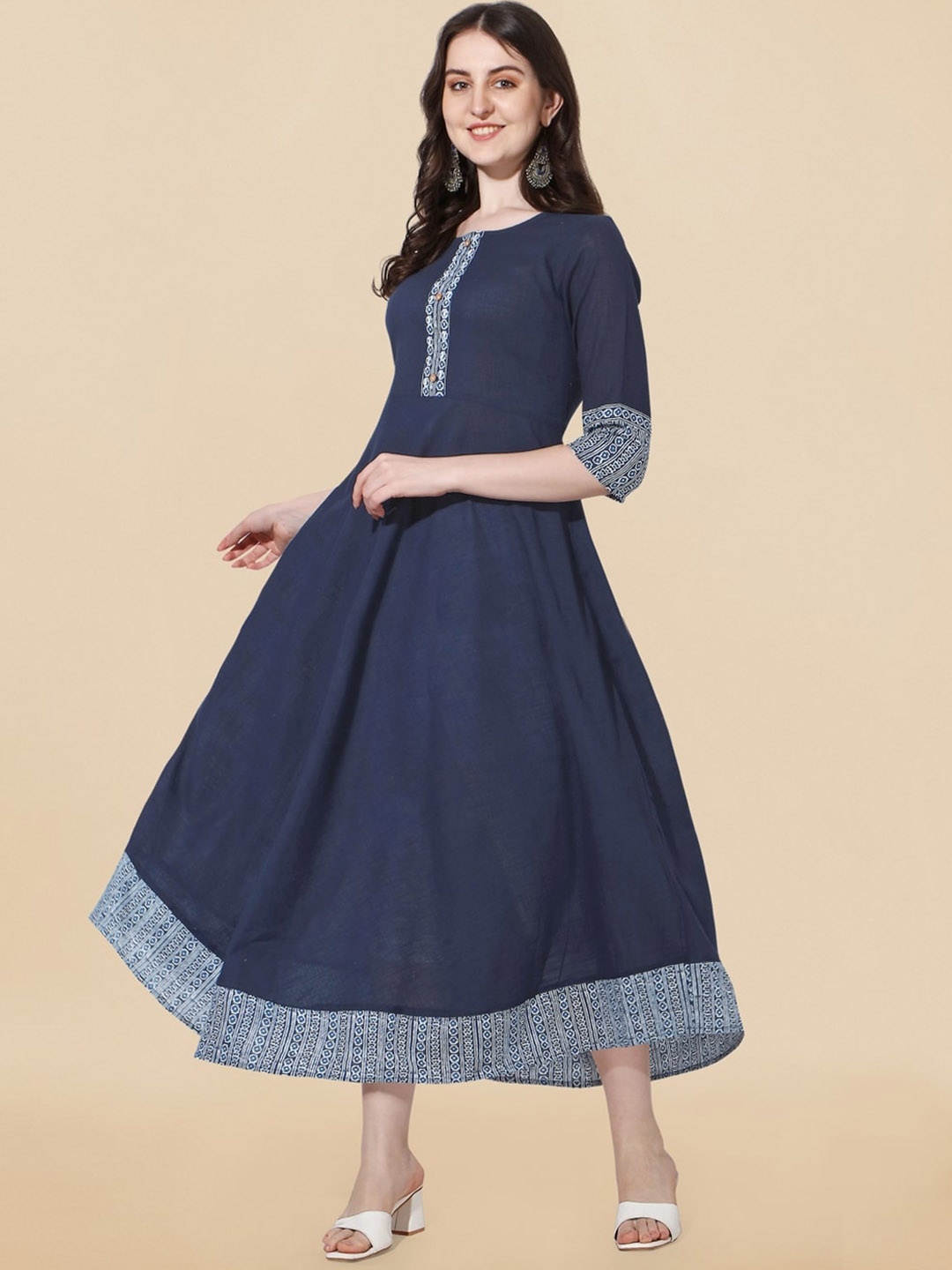 

KALINI Ethnic Motifs Printed Pure Cotton A-Line Ethnic Dress, Navy blue