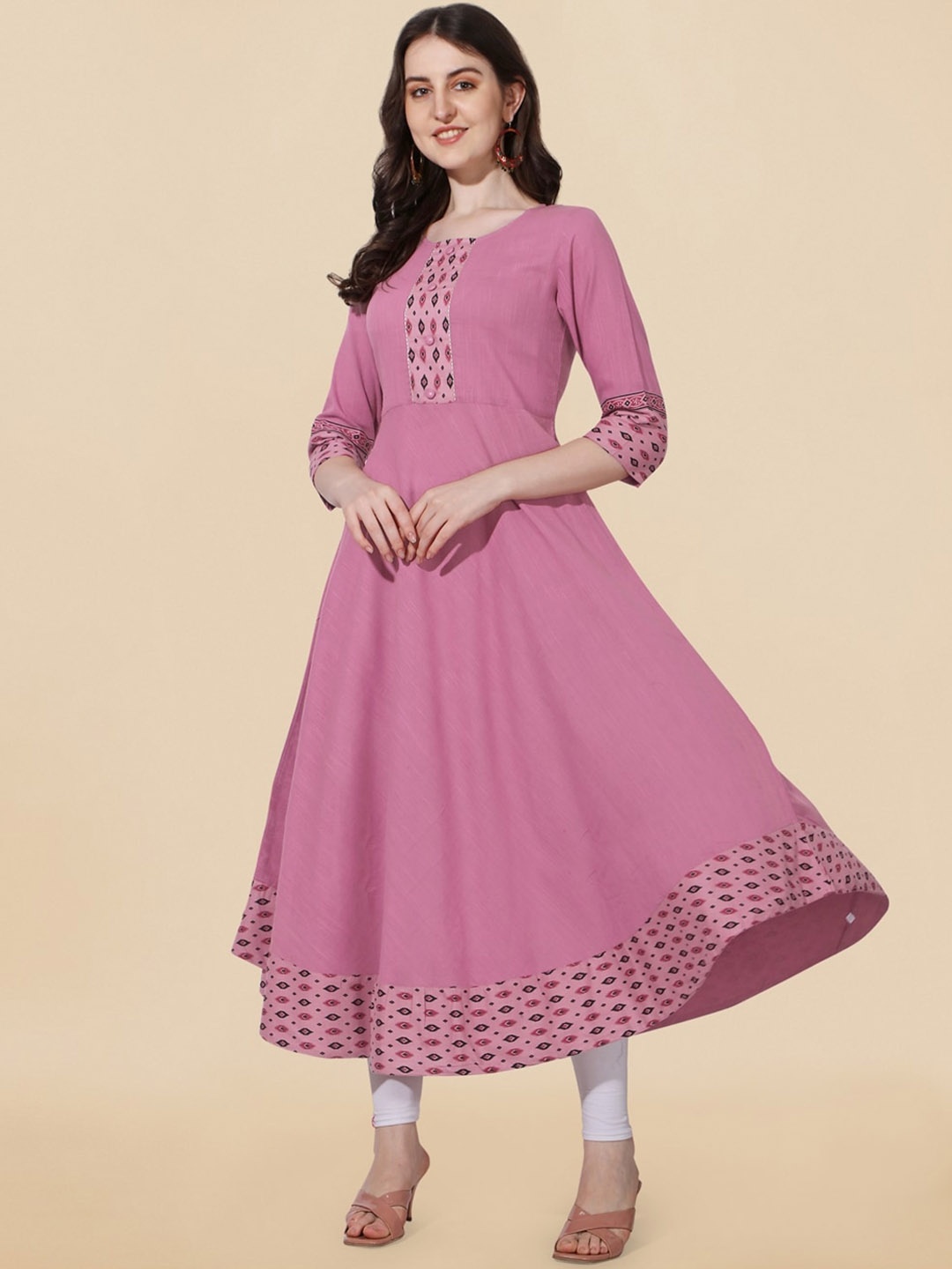 

MIRCHI FASHION Ethnic Motifs Printed Pure Cotton A-Line Ethnic Dress, Pink
