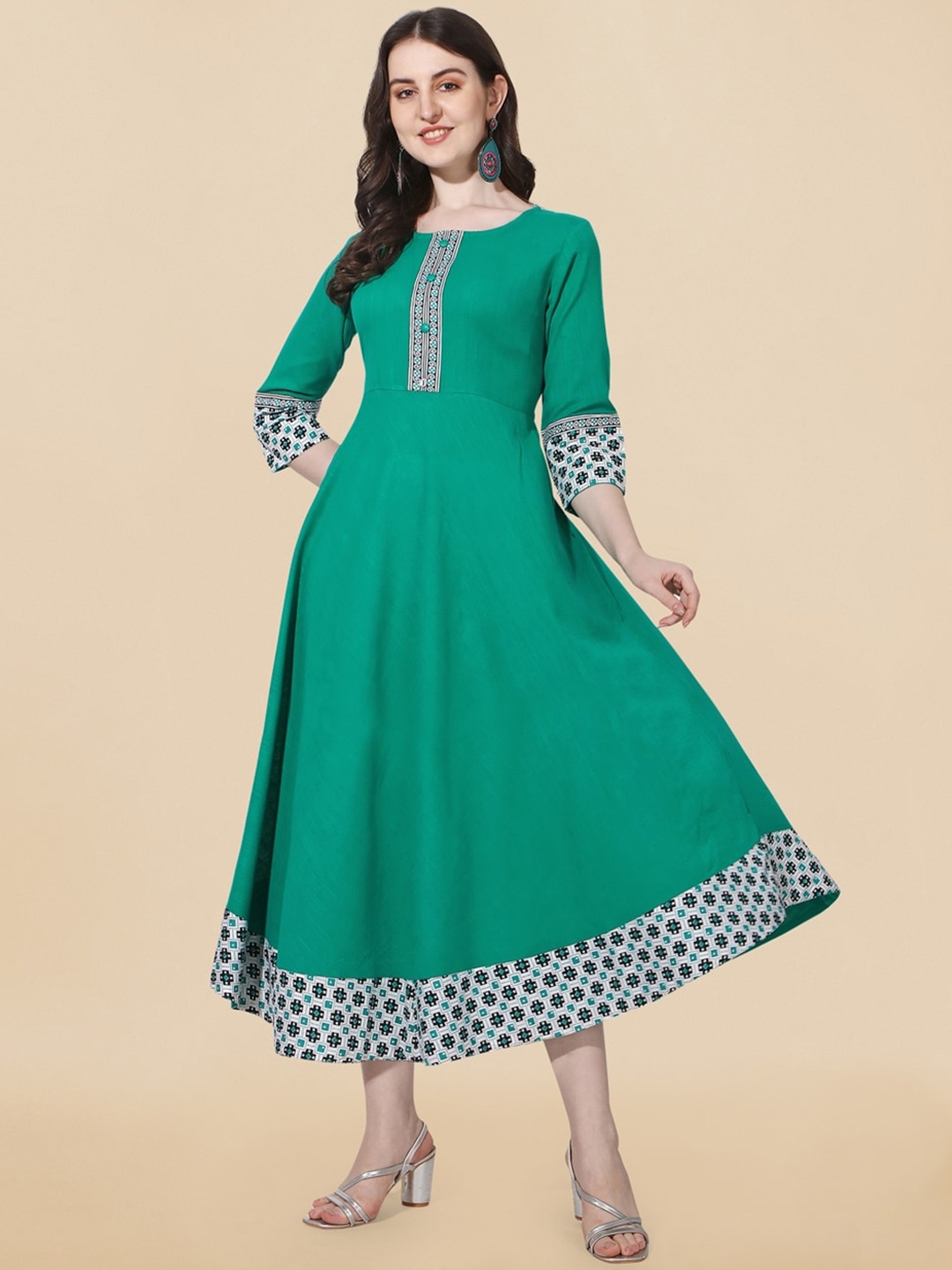 

MIRCHI FASHION Ethnic Motifs Printed Pure Cotton A-Line Ethnic Dress, Teal