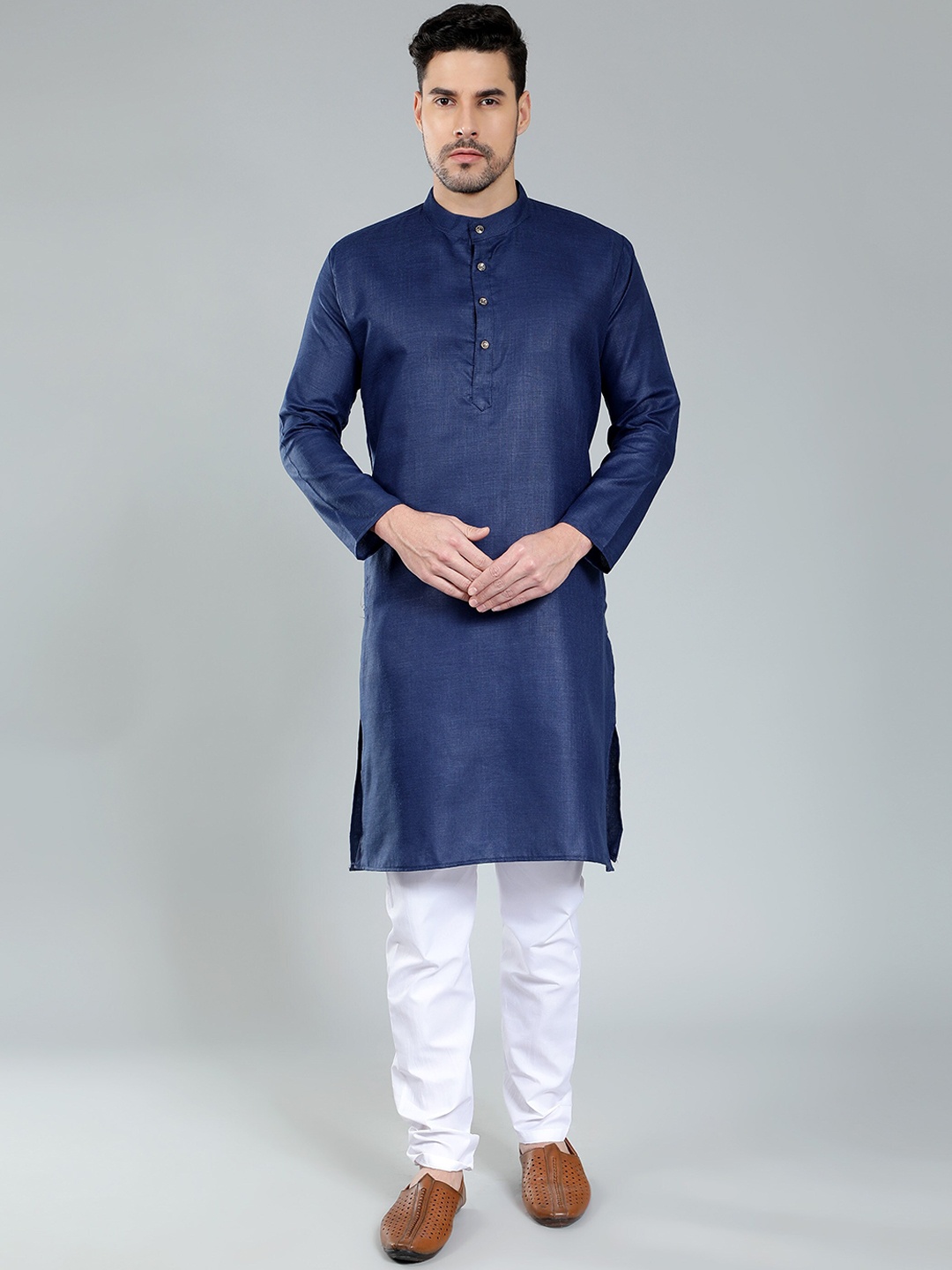 

LacyLook Mandarin Collar Pure Cotton Kurta with Churidar, Navy blue