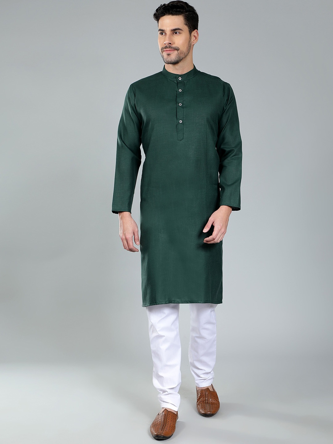 

LacyLook Mandarin Collar Pure Cotton Kurta with Churidar, Green