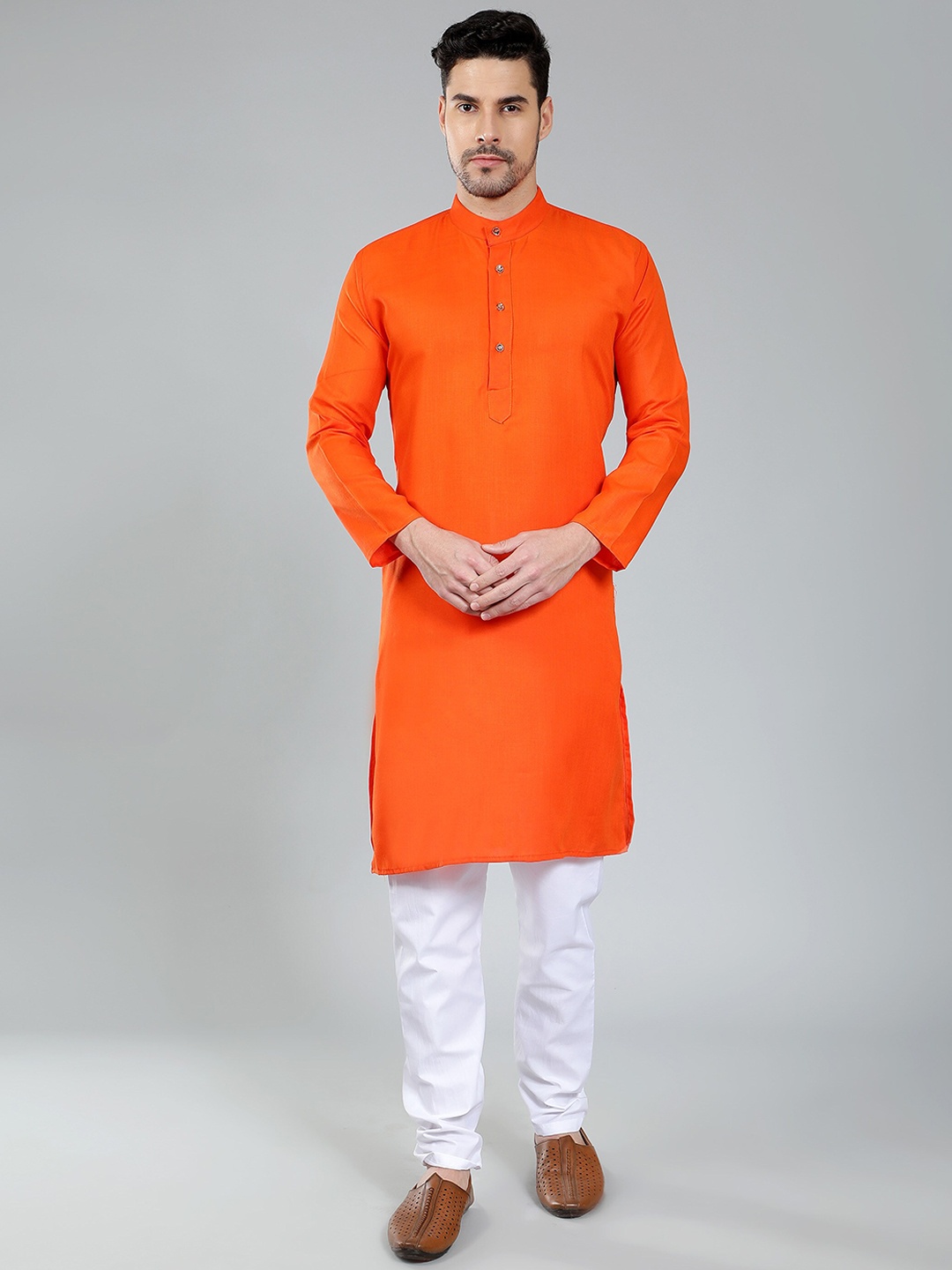 

LacyLook Mandarin Collar Pure Cotton Kurta with Churidar, Orange