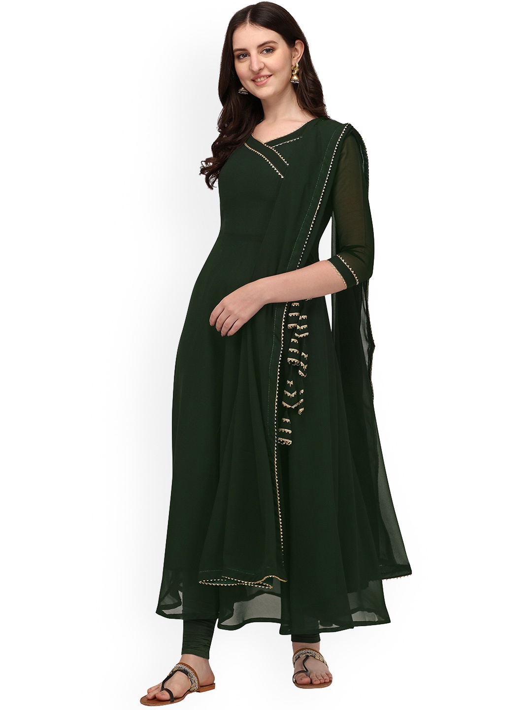 

FabFairy Georgette Gotta Patti Angrakha Anarkali Kurta With Attached Dupatta, Green